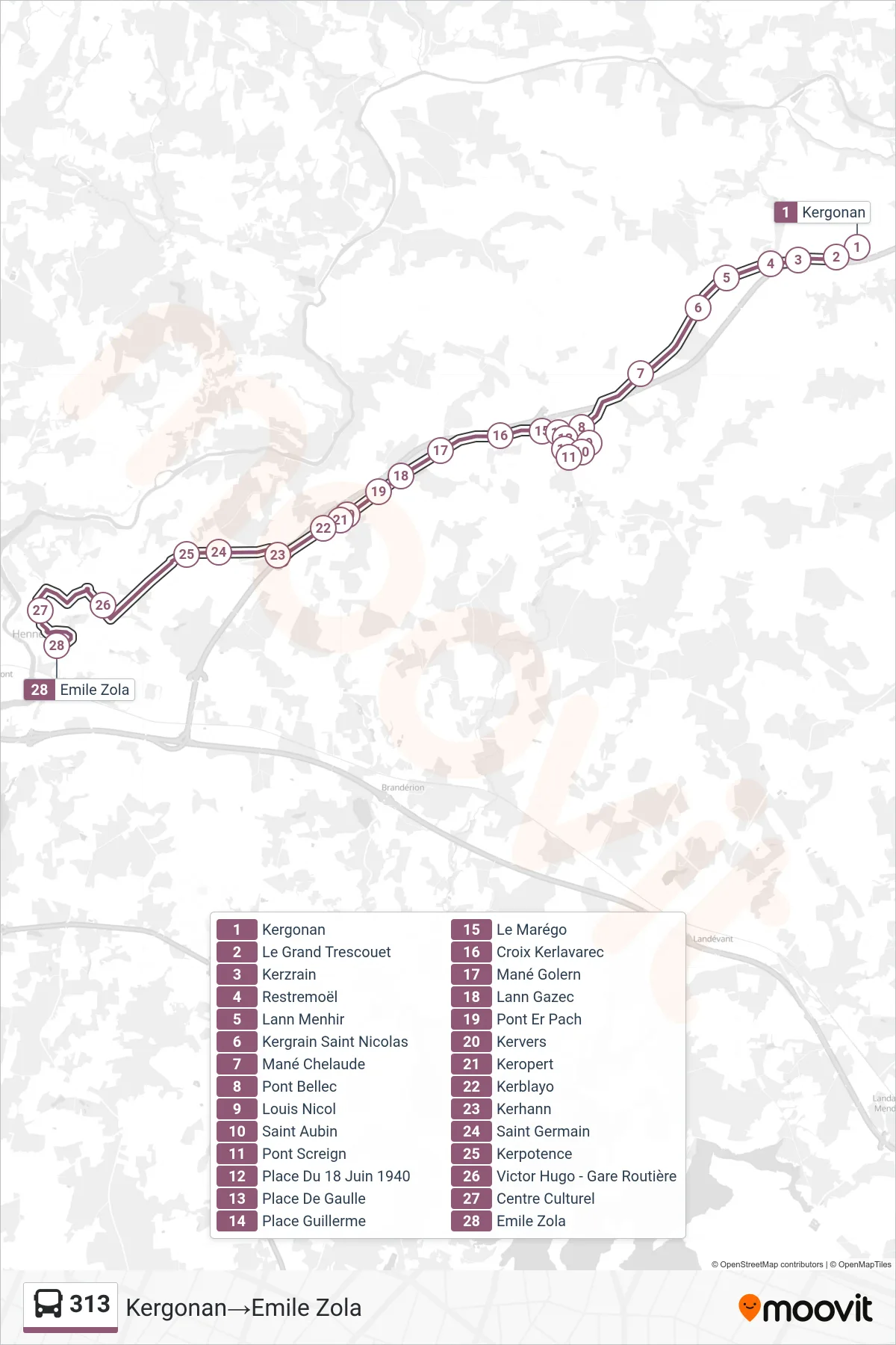 313 bus Line (Kergonan→Emile Zola) route and stops on a map