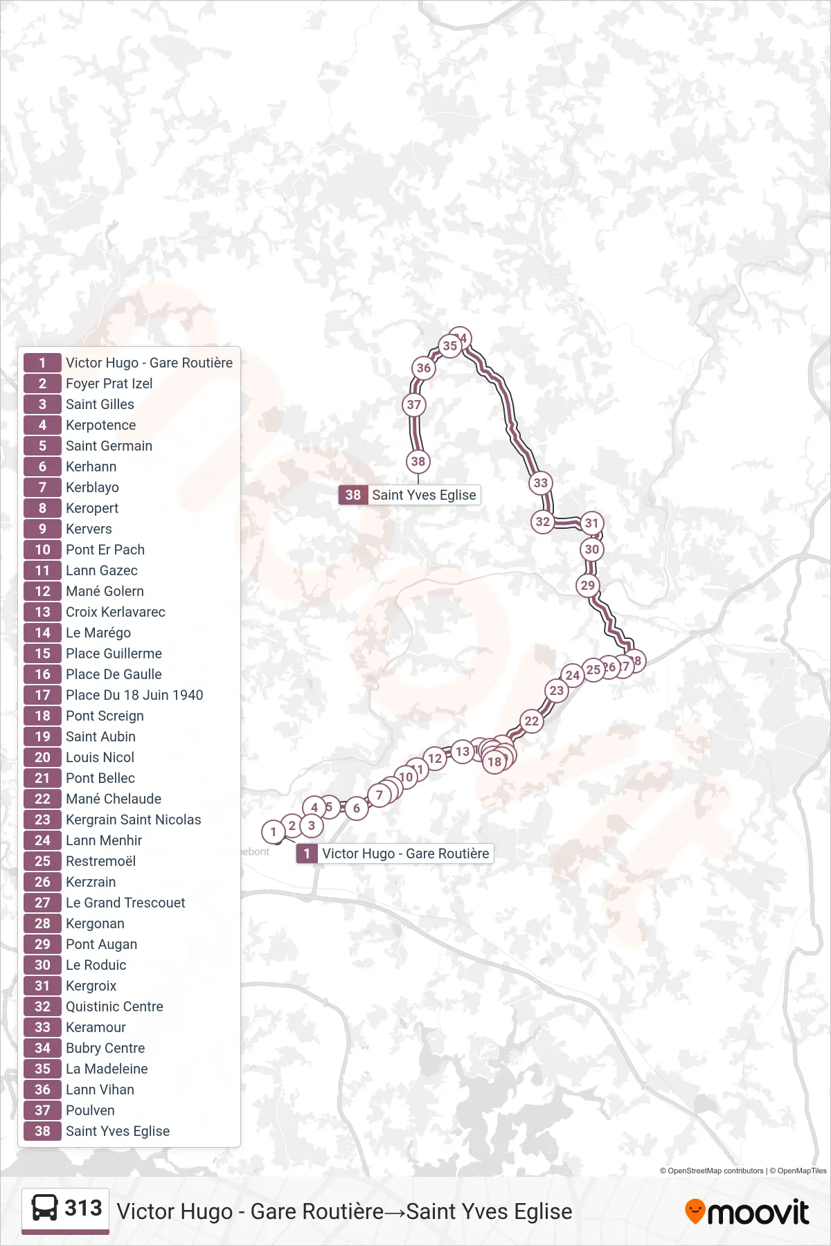 Tracé et arrêts de la ligne 313 de bus (Victor Hugo - Gare Routière‎→Saint Yves Eglise) sur une carte