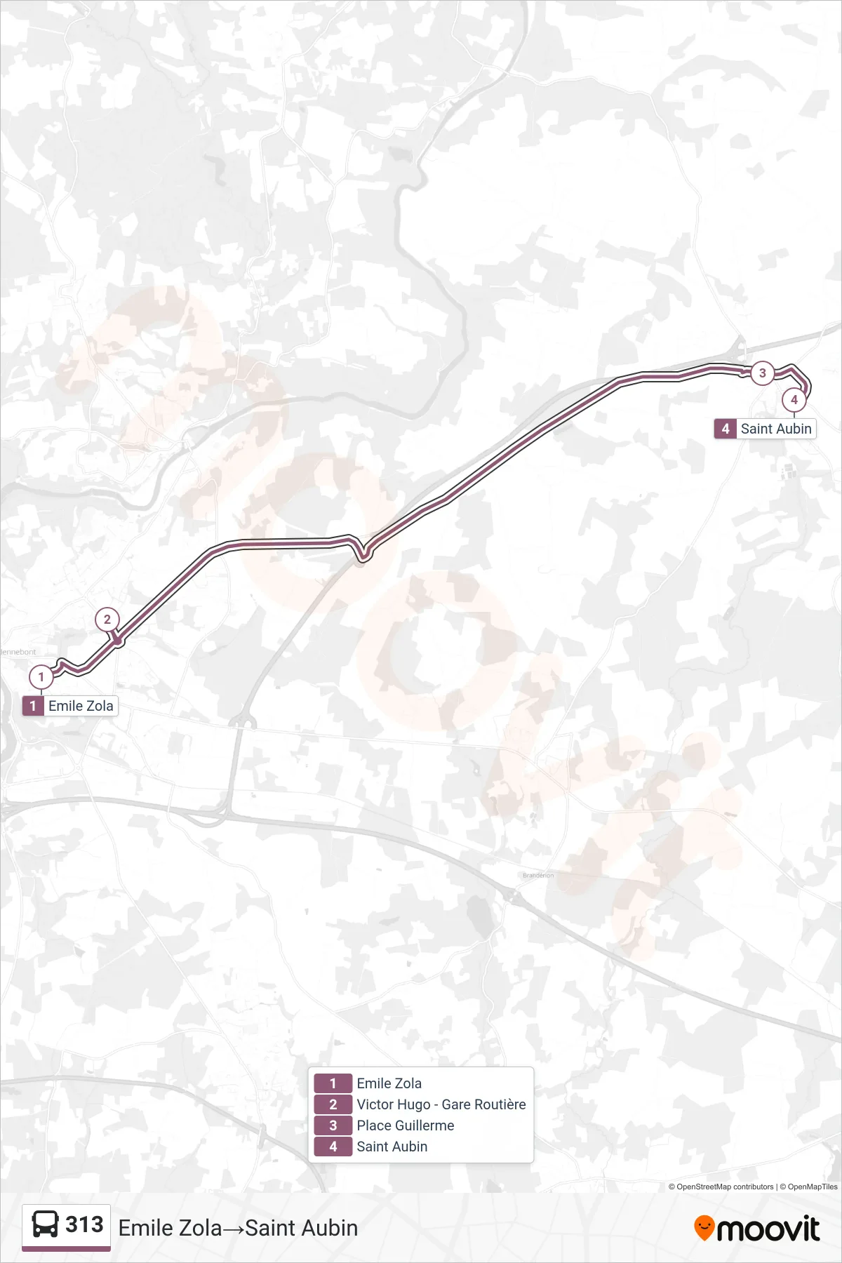 Tracé et arrêts de la ligne 313 de bus (Emile Zola→Saint Aubin) sur une carte
