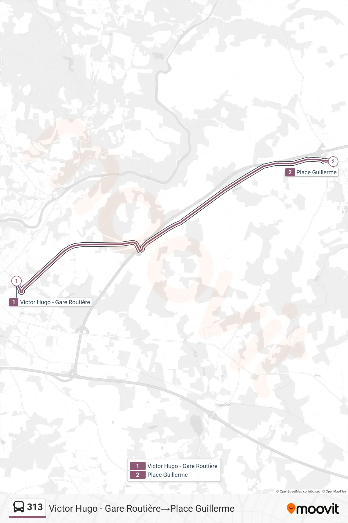 Tracé et arrêts de la ligne 313 de bus (Victor Hugo - Gare Routière→Place Guillerme) sur une carte