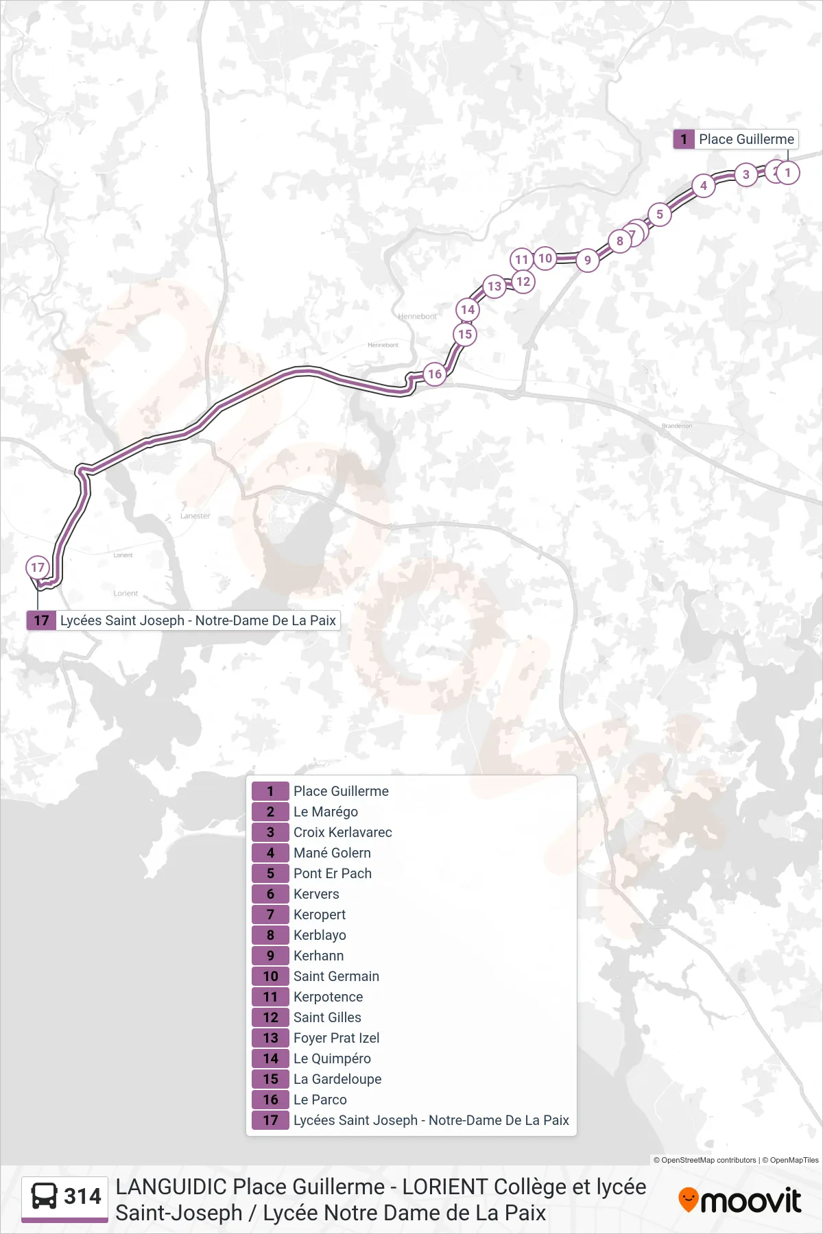 Tracé et arrêts de la ligne 314 de bus (Place Guillerme‎→Lycées Saint Joseph - Notre-Dame De La Paix) sur une carte