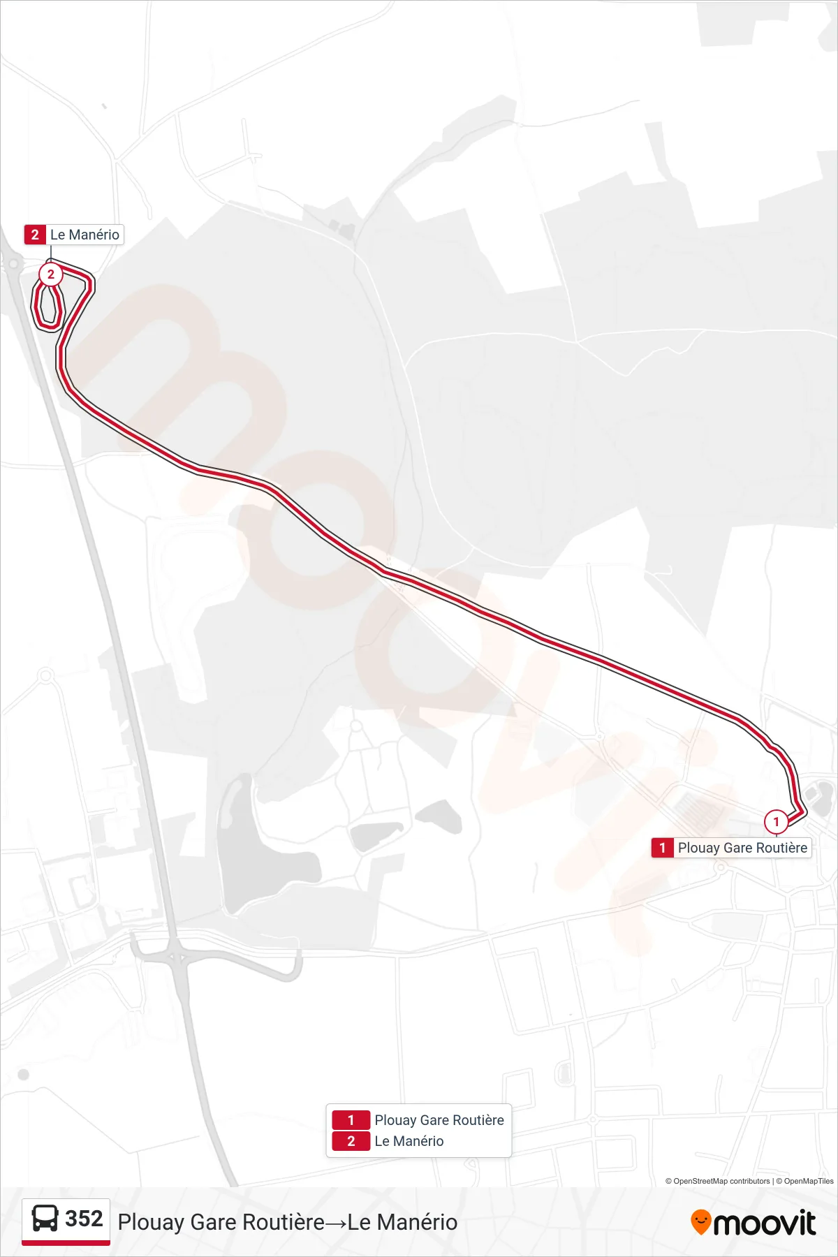 Tracé et arrêts de la ligne 352 de bus (Plouay Gare Routière→Le Manério) sur une carte