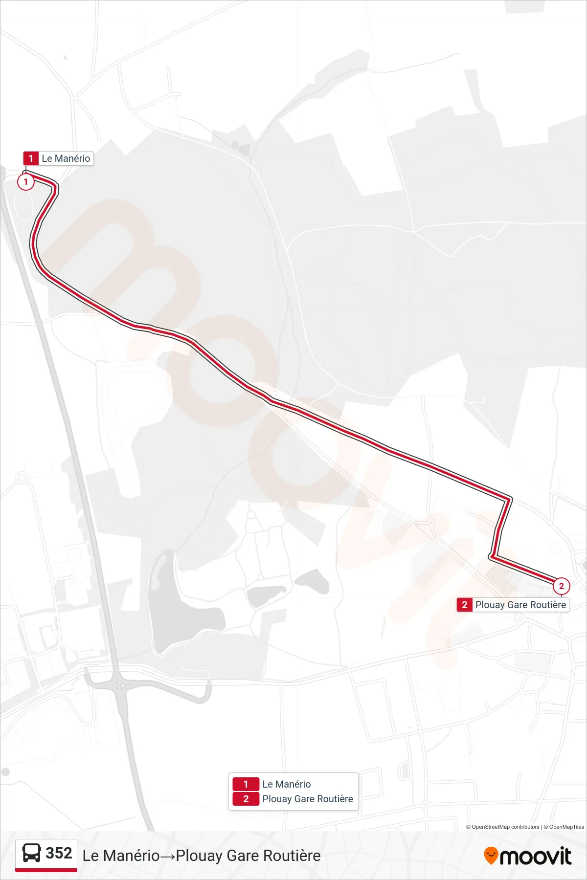 Tracé et arrêts de la ligne 352 de bus (Le Manério→Plouay Gare Routière) sur une carte