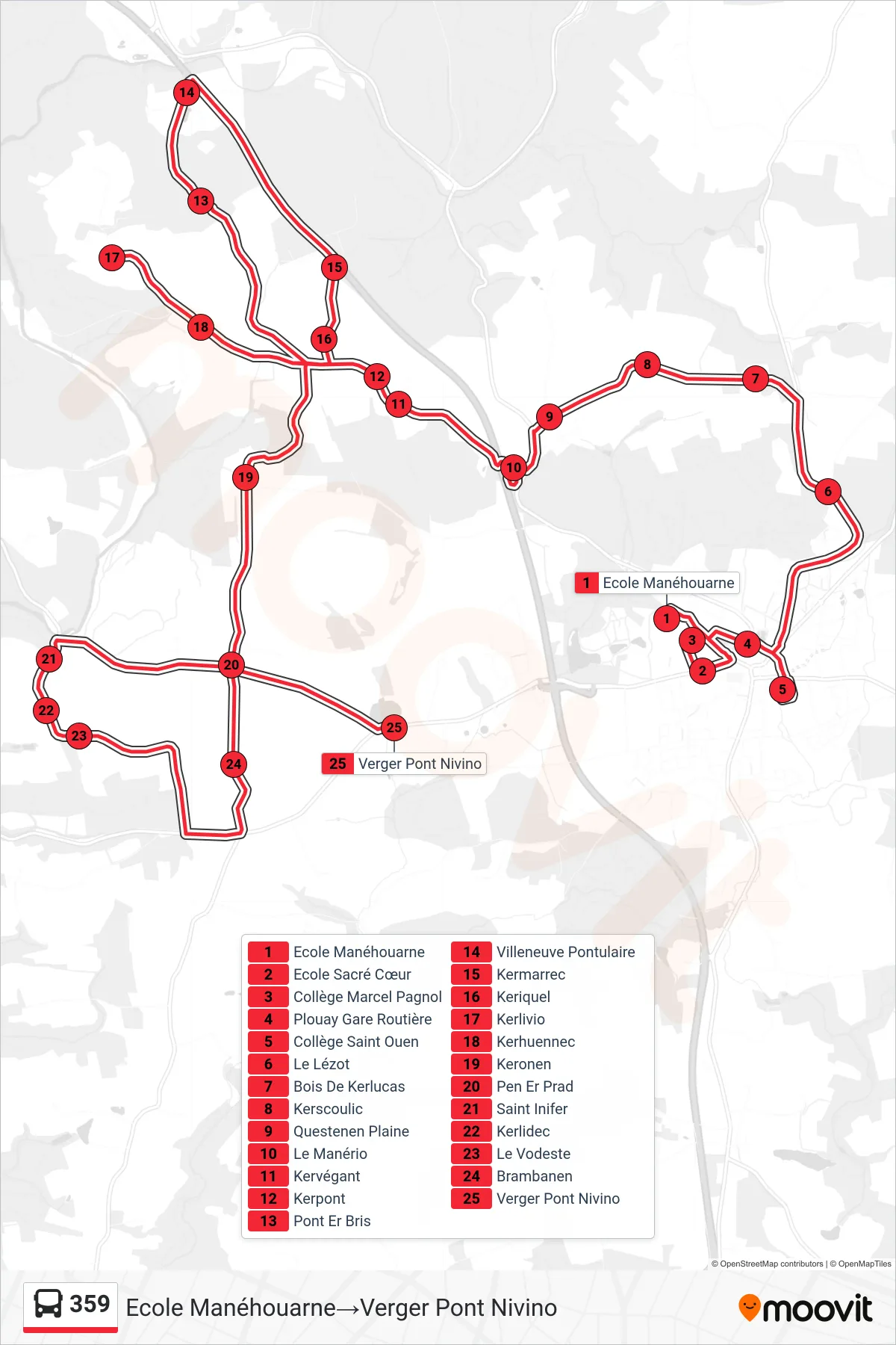 359 bus Line (Ecole Manéhouarne‎→Verger Pont Nivino) route and stops on a map