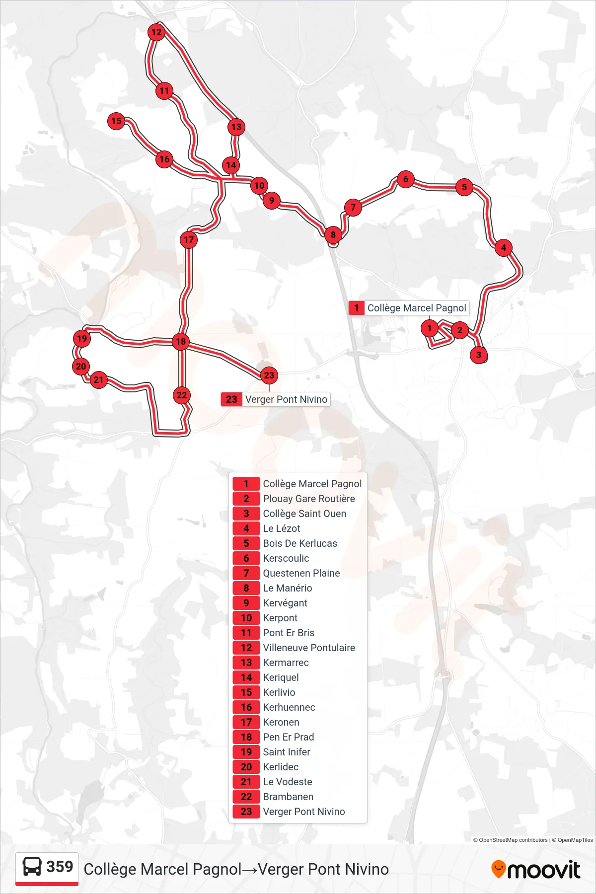 Tracé et arrêts de la ligne 359 de bus (Collège Marcel Pagnol‎→Verger Pont Nivino) sur une carte