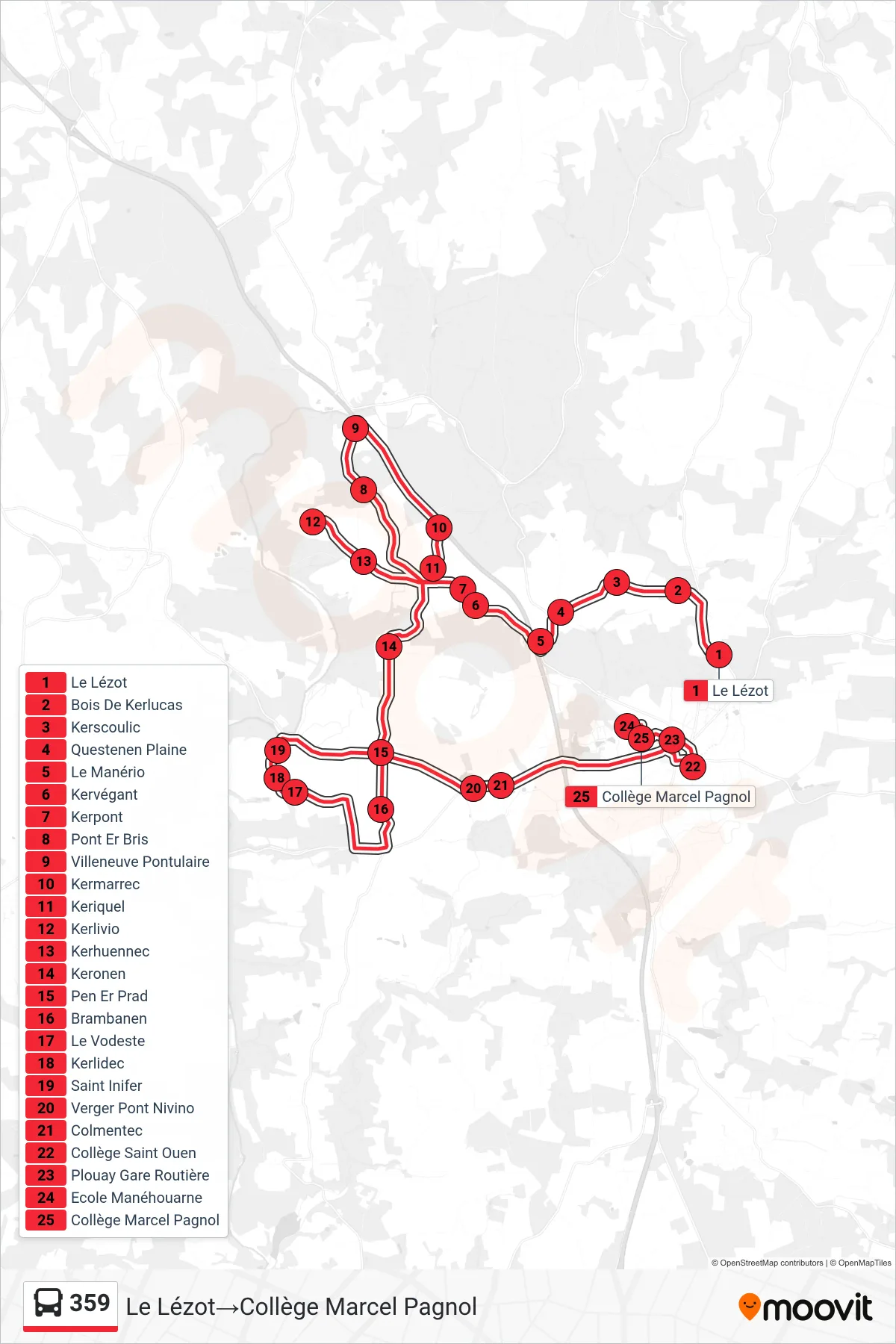 359 bus Line (Le Lézot‎→Collège Marcel Pagnol) route and stops on a map