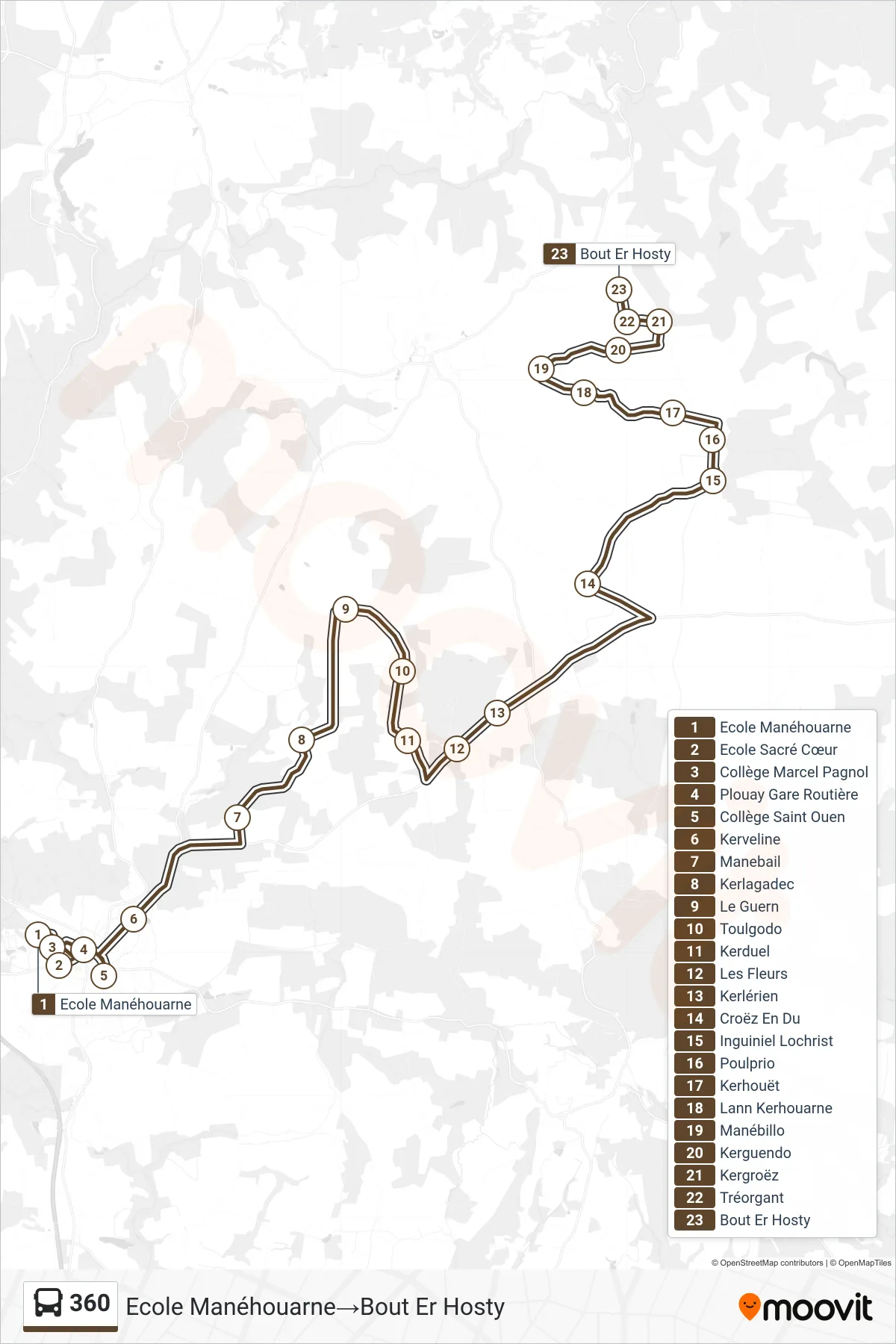 360 bus Line (Ecole Manéhouarne‎→Bout Er Hosty) route and stops on a map