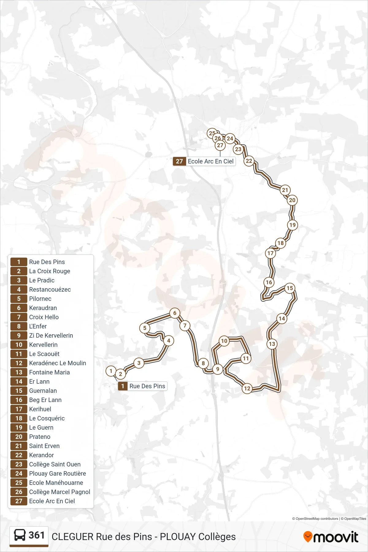 361 bus Line (Rue Des Pins‎→Ecole Arc En Ciel) route and stops on a map