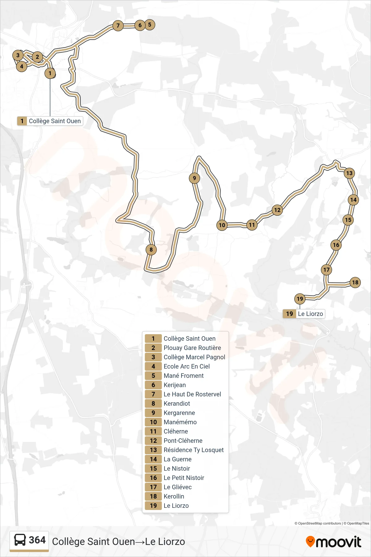 364 bus Line (Collège Saint Ouen→Le Liorzo) route and stops on a map