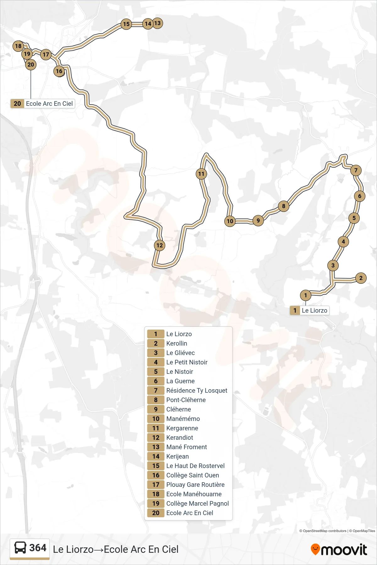 364 bus Line (Le Liorzo‎→Ecole Arc En Ciel) route and stops on a map