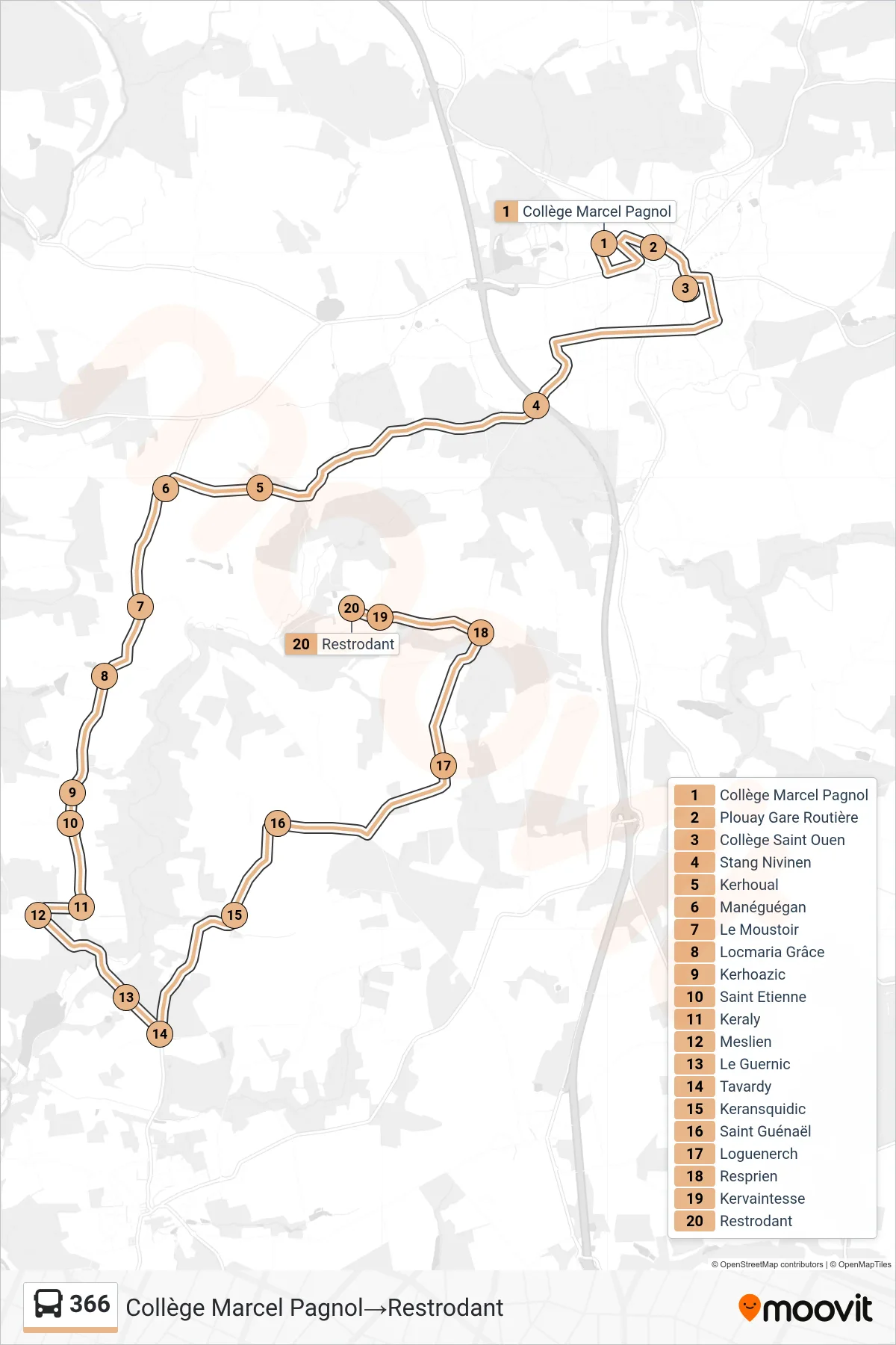 366 bus Line (Collège Marcel Pagnol‎→Restrodant) route and stops on a map