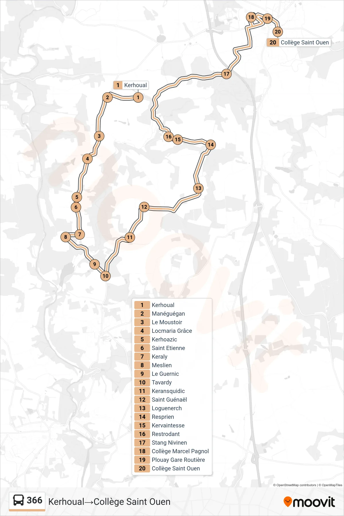 Tracé et arrêts de la ligne 366 de bus (Kerhoual‎→Collège Saint Ouen) sur une carte