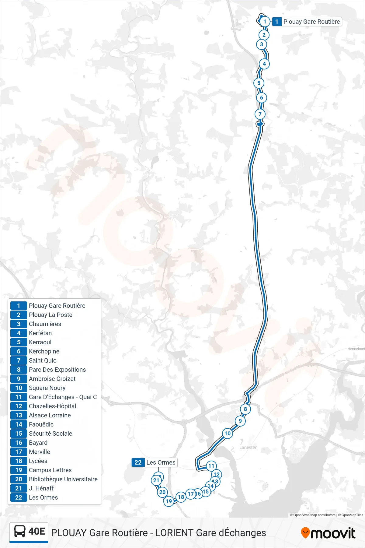 40E bus Line (Plouay Gare Routière→Les Ormes) route and stops on a map