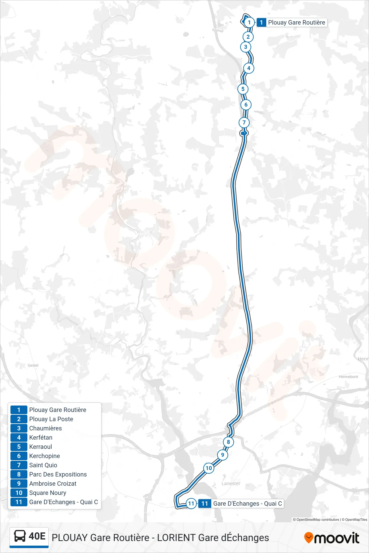 Tracé et arrêts de la ligne 40E de bus (Plouay Gare Routière→Gare D'Echanges - Quai C) sur une carte