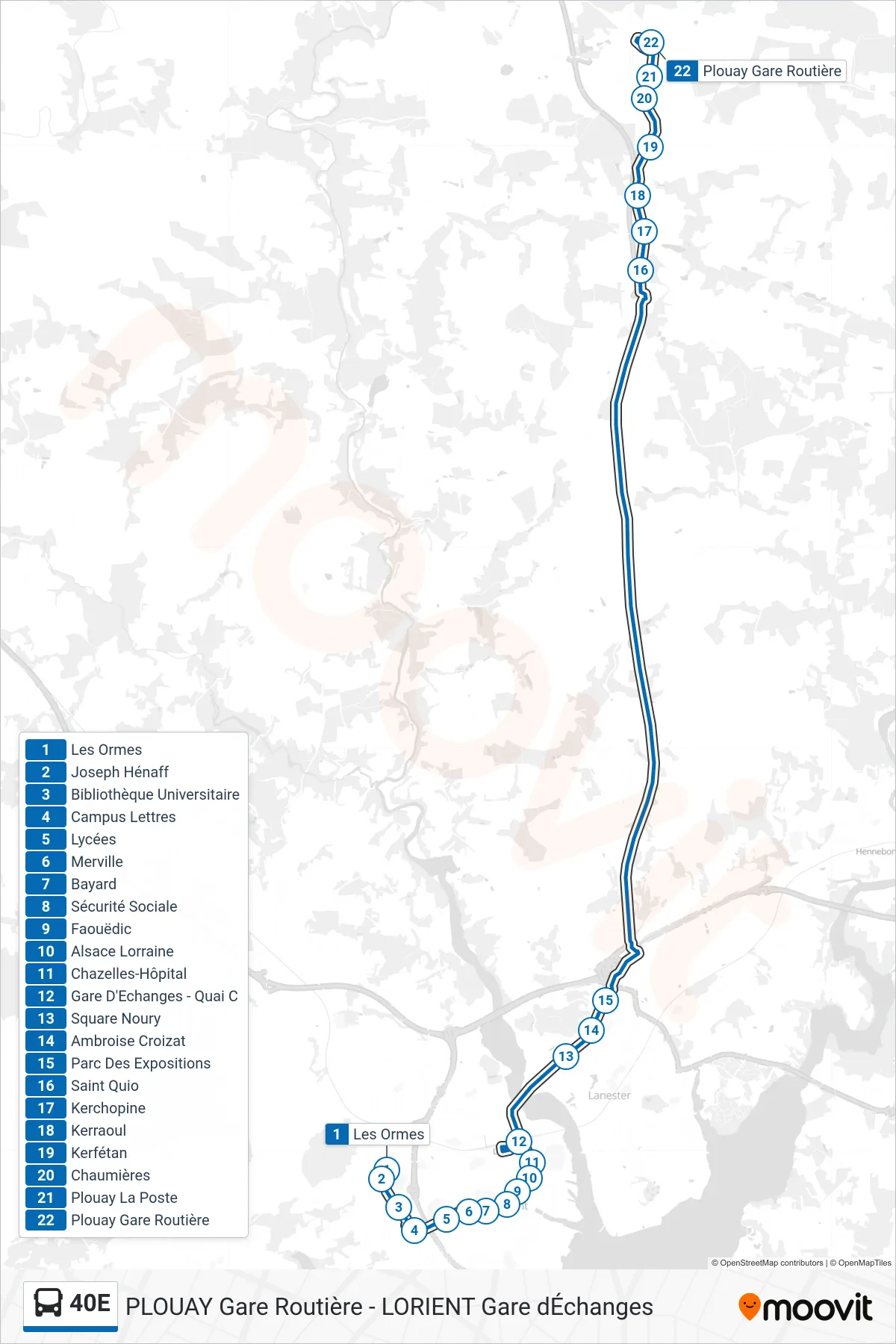 40E bus Line (Les Ormes→Plouay Gare Routière) route and stops on a map