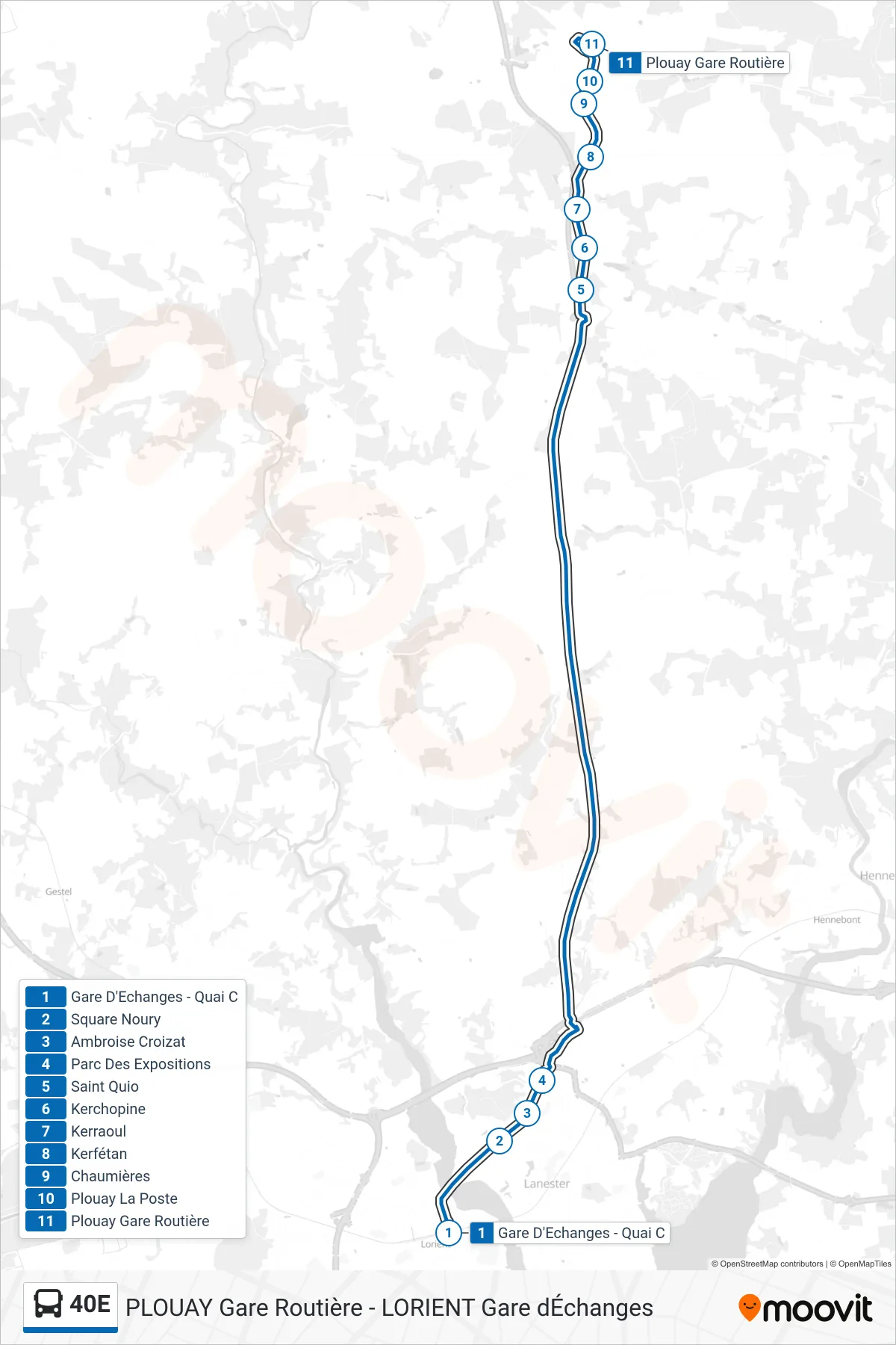 Tracé et arrêts de la ligne 40E de bus (Gare D'Echanges - Quai C→Plouay Gare Routière) sur une carte