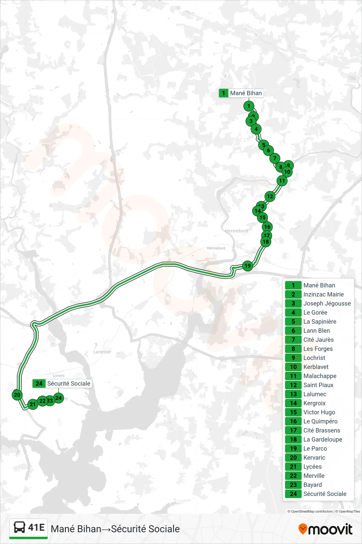 41E bus Line (Mané Bihan→Sécurité Sociale) route and stops on a map