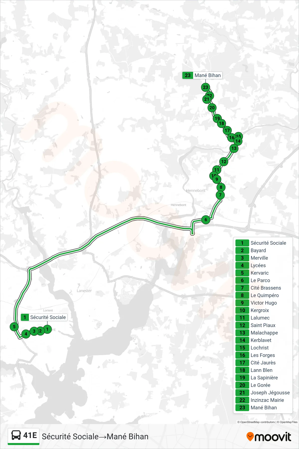 Tracé et arrêts de la ligne 41E de bus (Sécurité Sociale→Mané Bihan) sur une carte