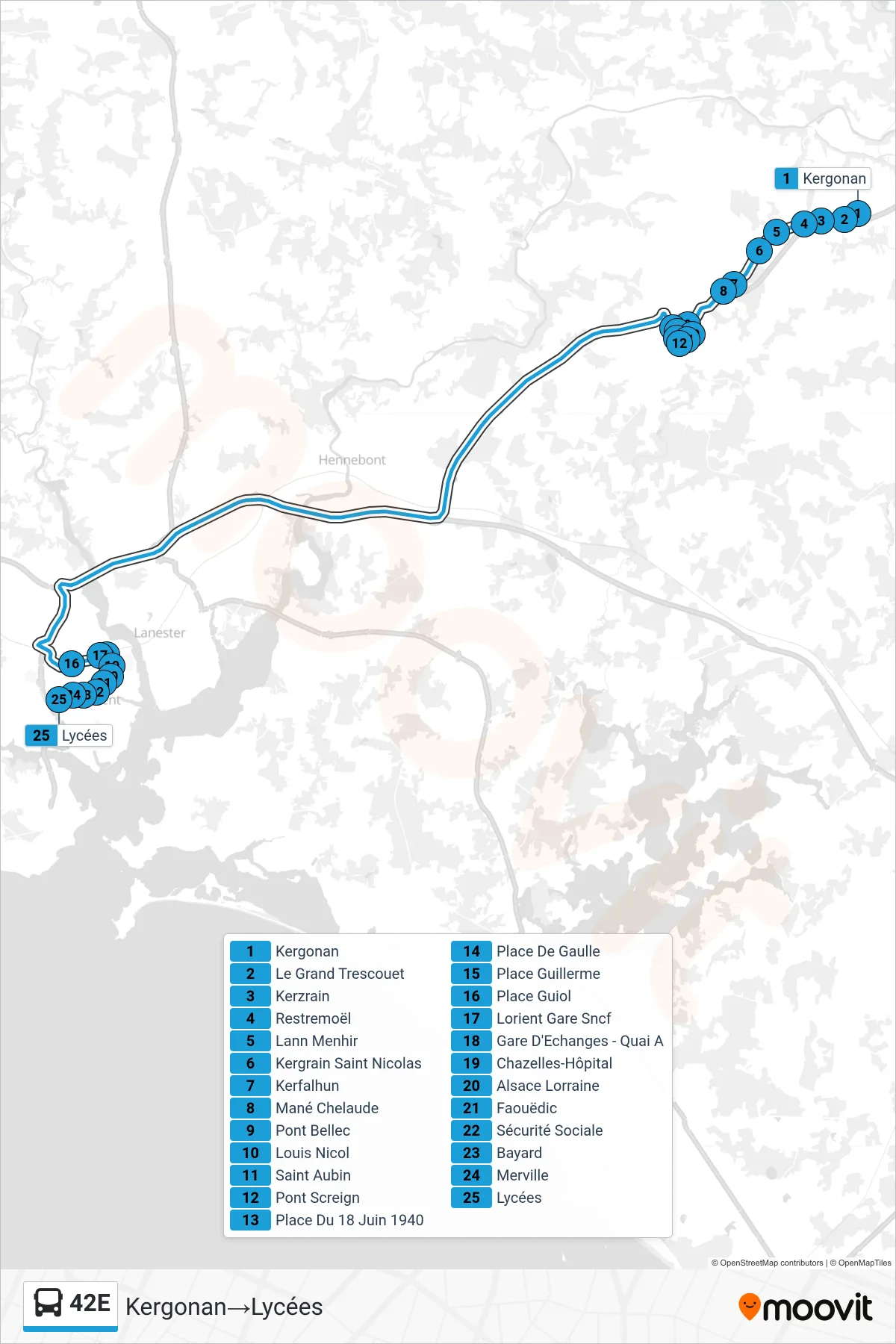 Tracé et arrêts de la ligne 42E de bus (Kergonan‎→Lycées) sur une carte