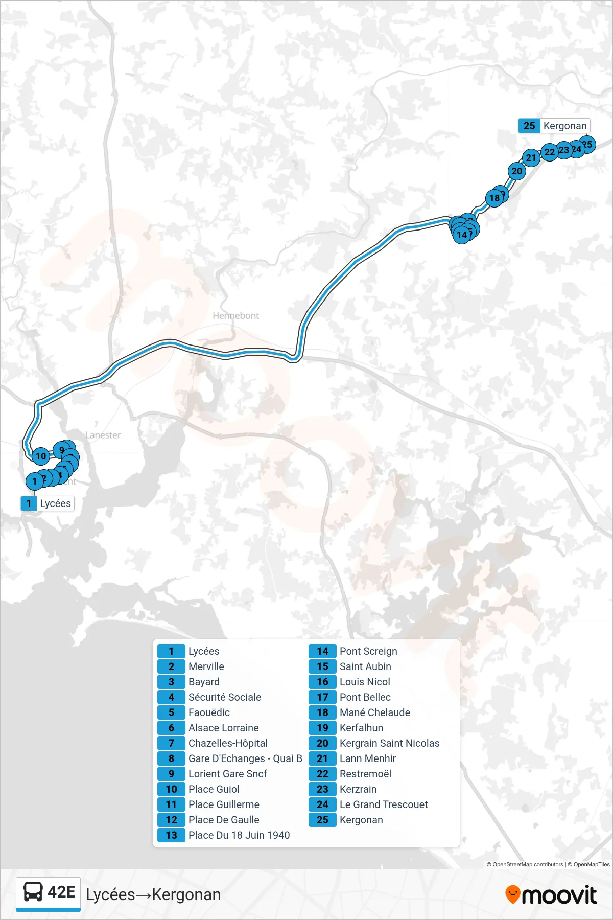 Tracé et arrêts de la ligne 42E de bus (Lycées‎→Kergonan) sur une carte
