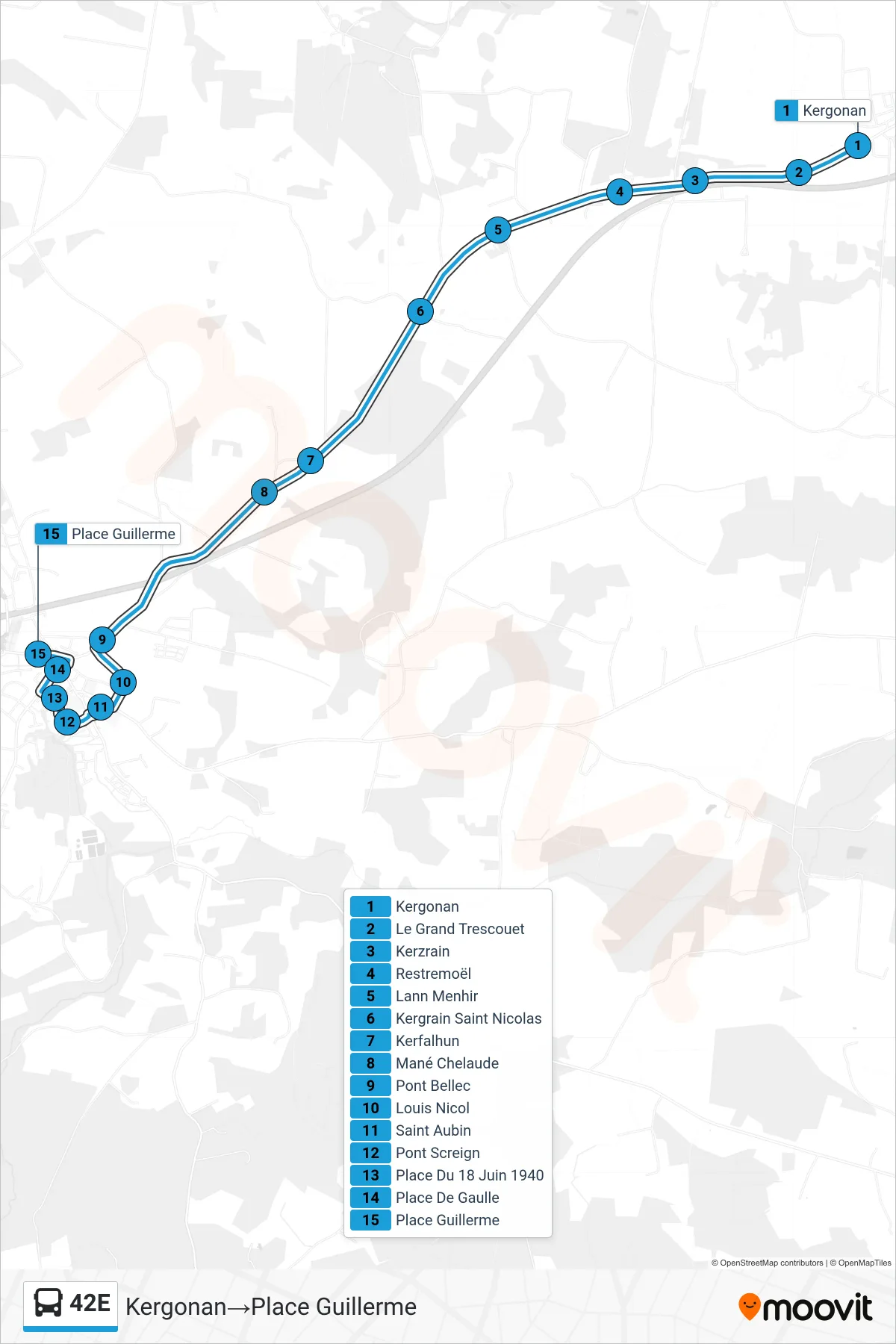Tracé et arrêts de la ligne 42E de bus (Kergonan→Place Guillerme) sur une carte