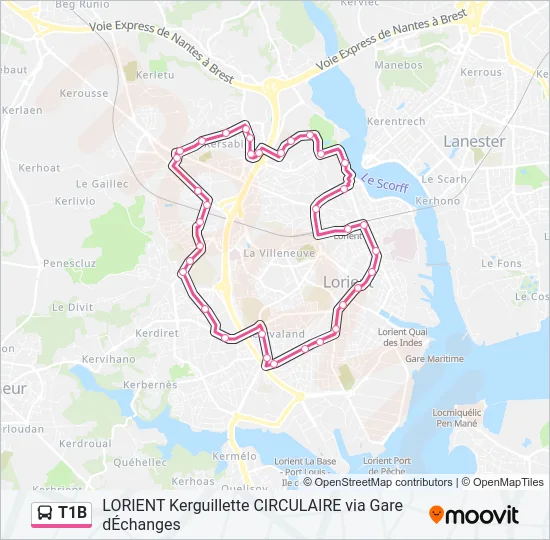 Plan de la ligne T1B de bus