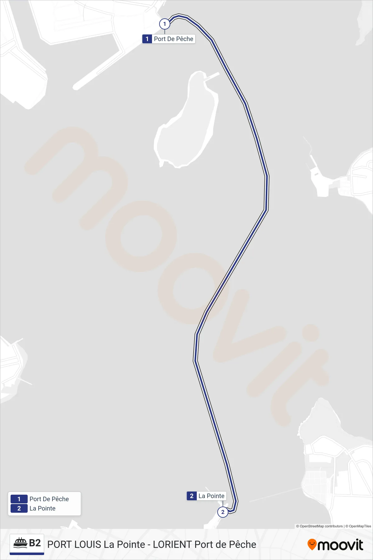 Tracé et arrêts de la ligne B2 de ferry (Port De Pêche→La Pointe) sur une carte