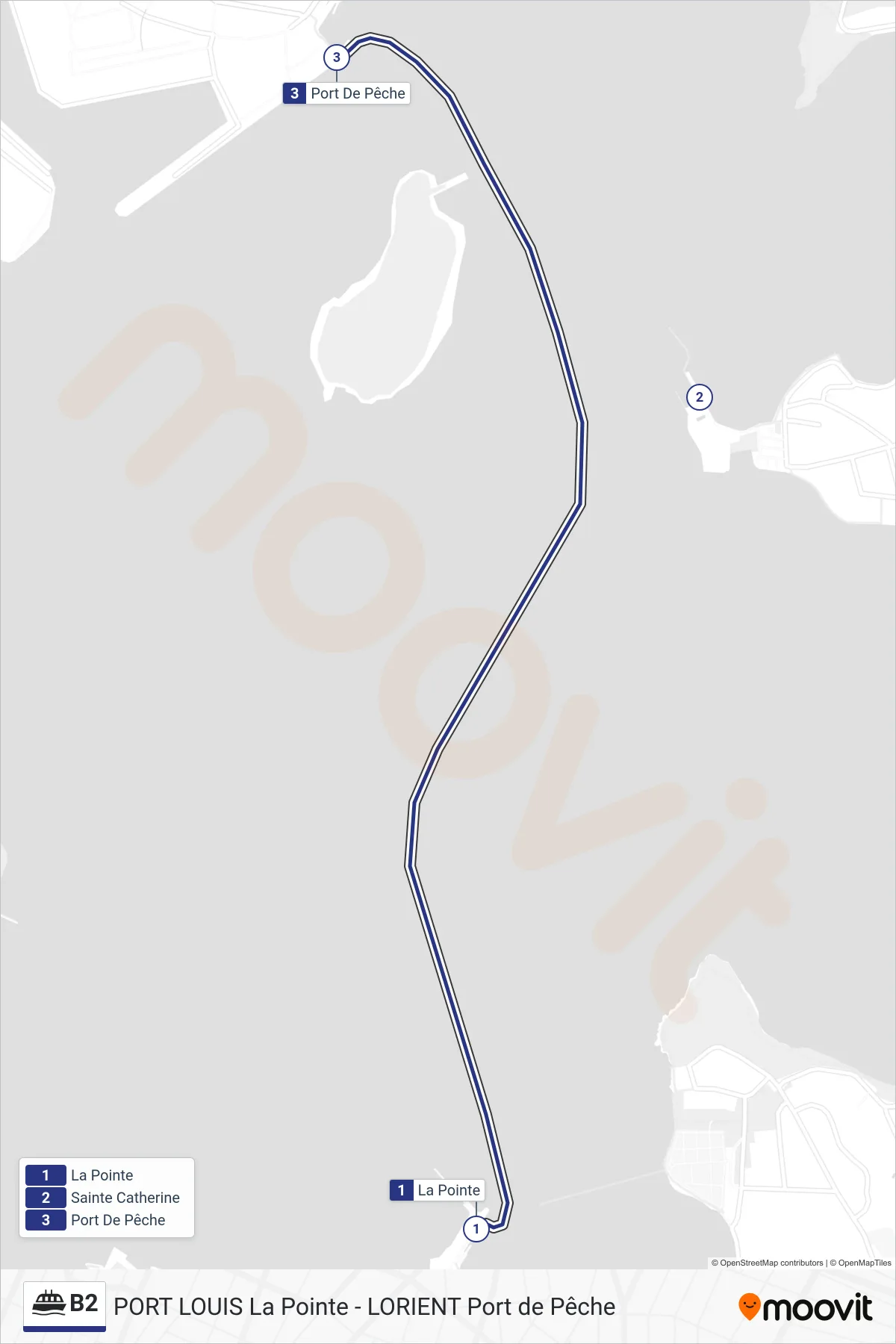 Tracé et arrêts de la ligne B2 de ferry (La Pointe‎→Port De Pêche) sur une carte