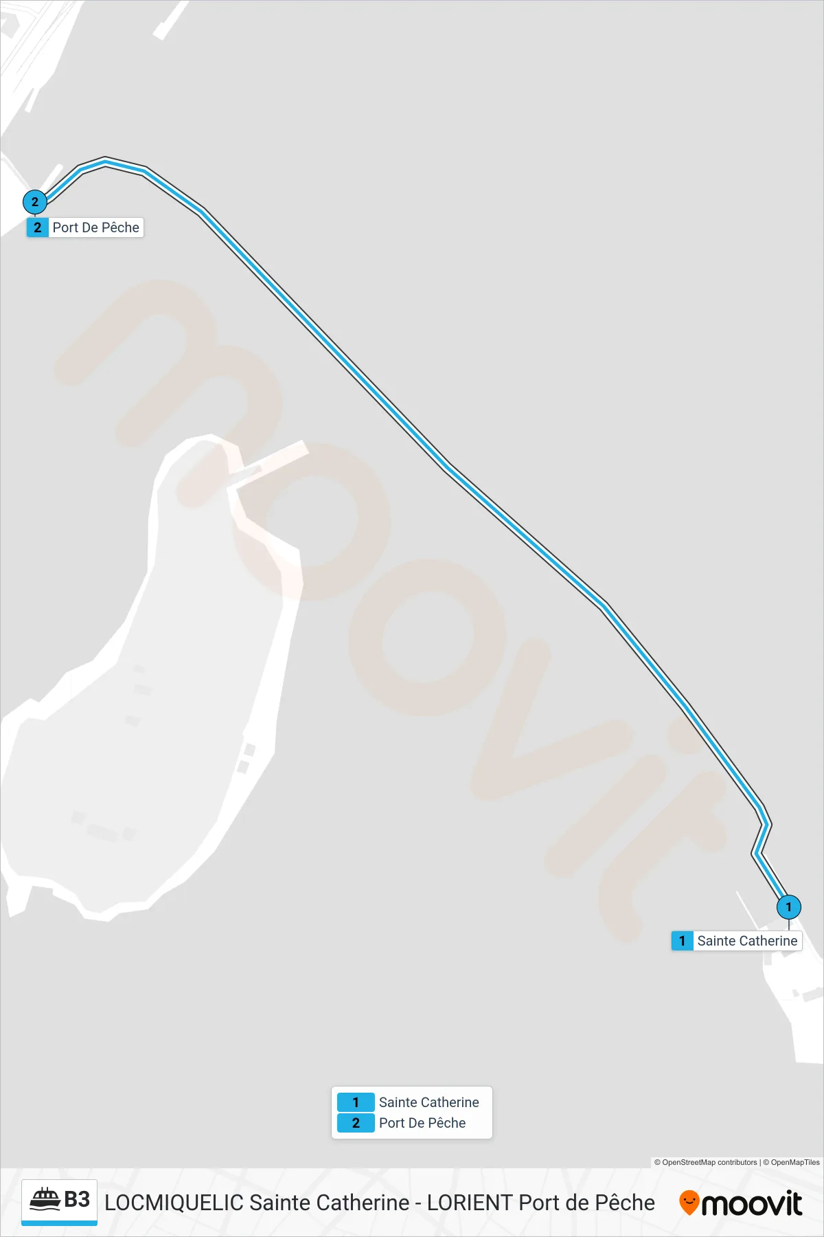 Tracé et arrêts de la ligne B3 de ferry (Sainte Catherine→Port De Pêche) sur une carte