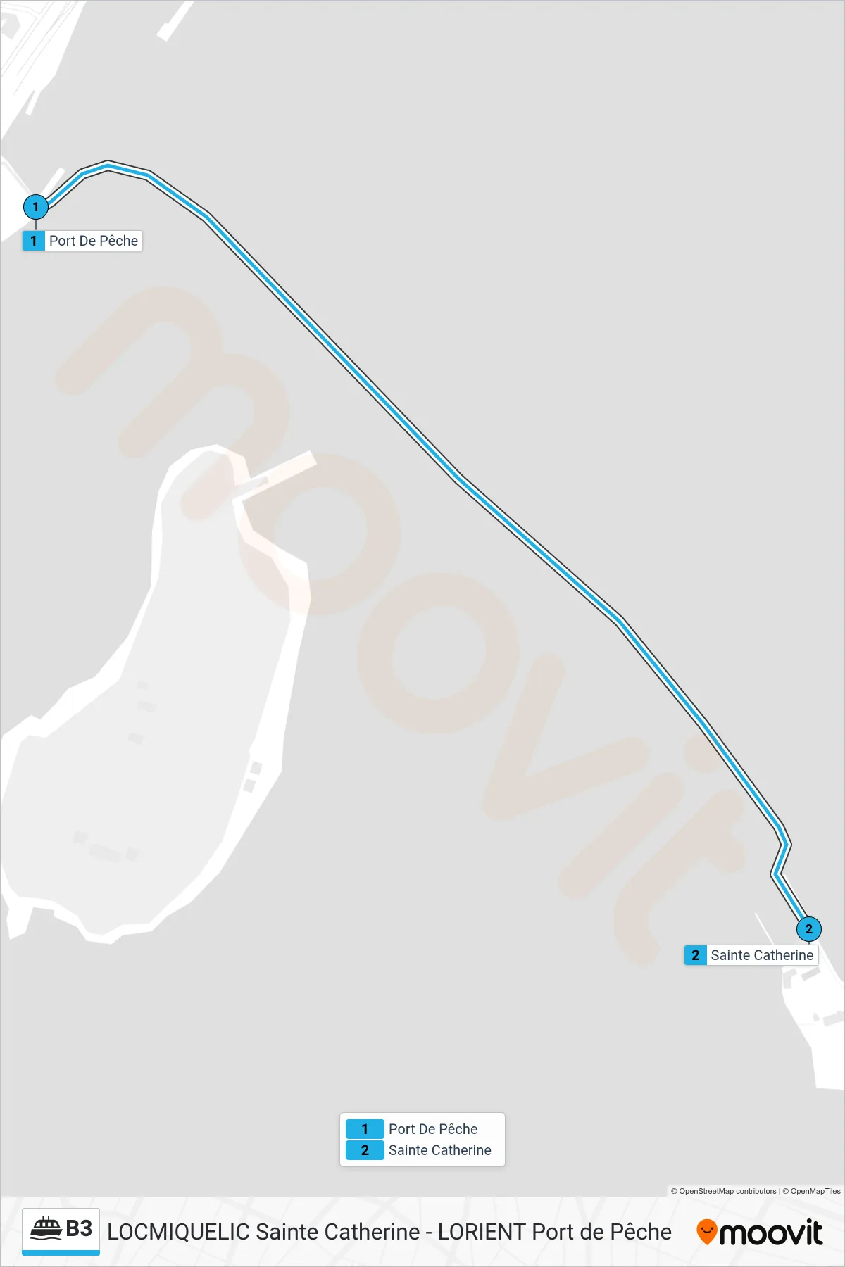 Tracé et arrêts de la ligne B3 de ferry (Port De Pêche→Sainte Catherine) sur une carte