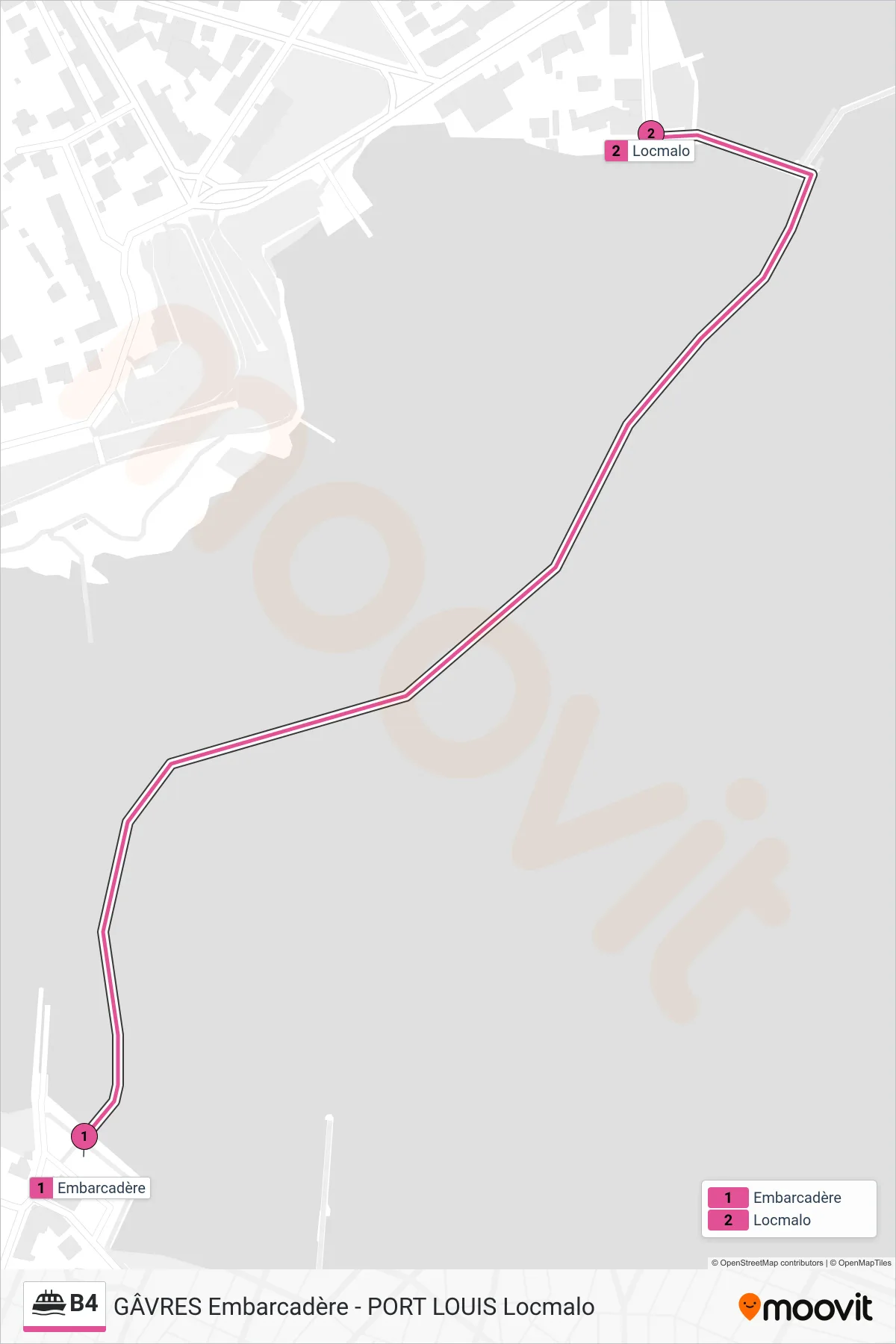 Tracé et arrêts de la ligne B4 de ferry (Embarcadère→Locmalo) sur une carte