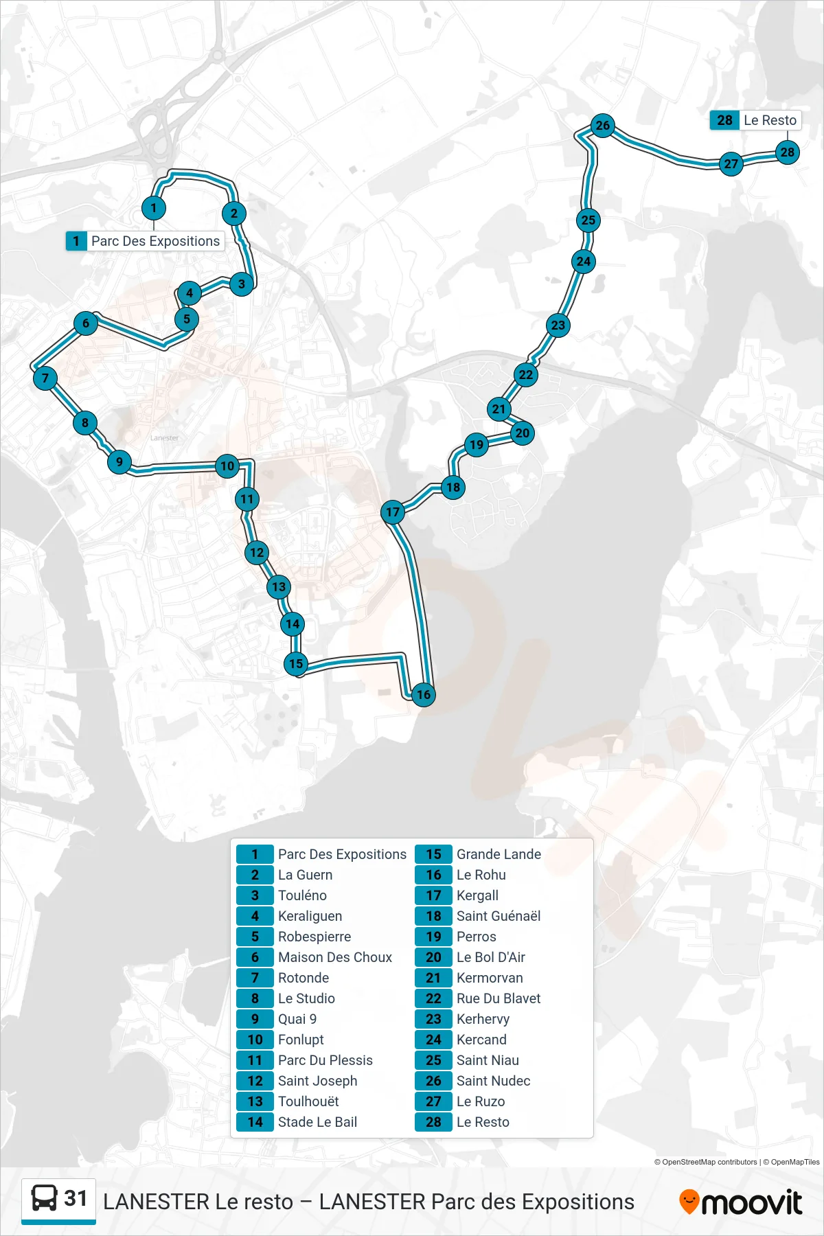 31 bus Line (Parc Des Expositions→Le Resto) route and stops on a map
