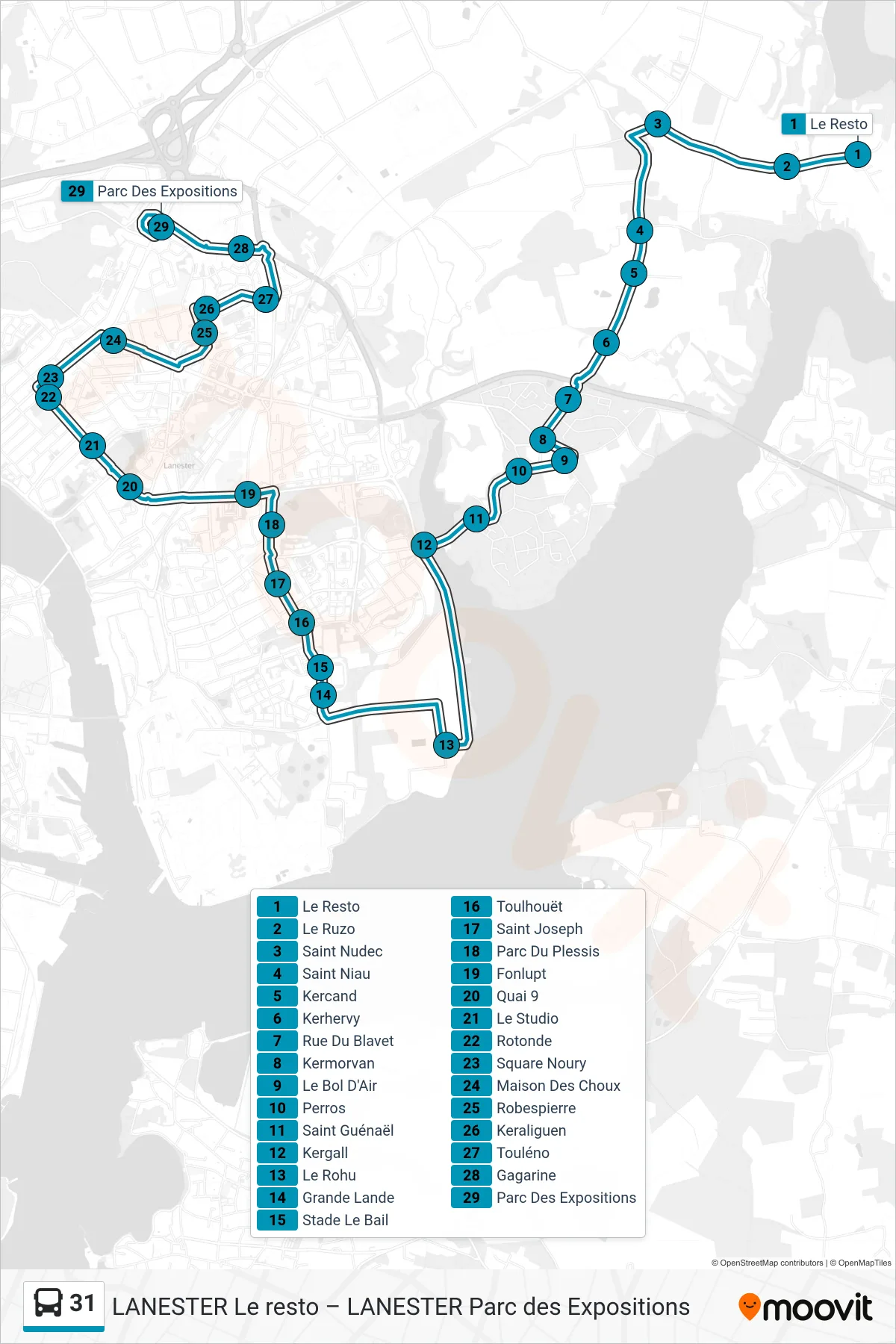 31 bus Line (Le Resto→Parc Des Expositions) route and stops on a map