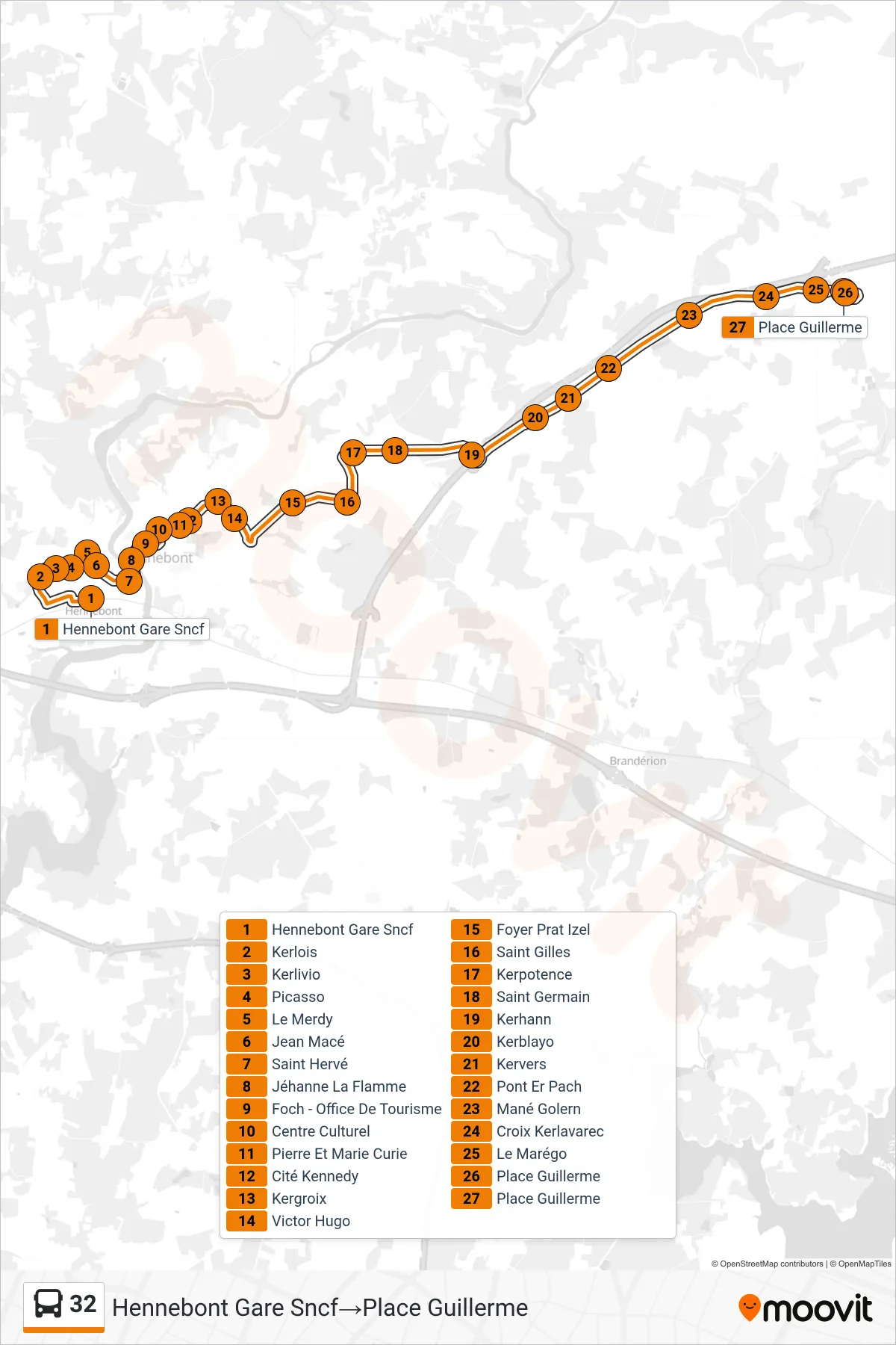 32 bus Line (Hennebont Gare Sncf‎→Place Guillerme) route and stops on a map