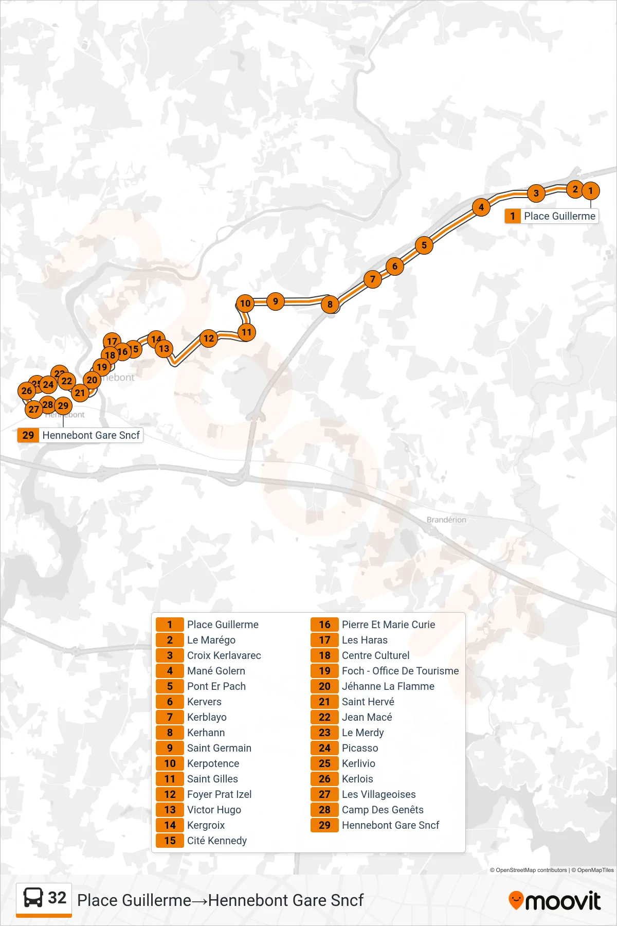 32 bus Line (Place Guillerme→Hennebont Gare Sncf) route and stops on a map