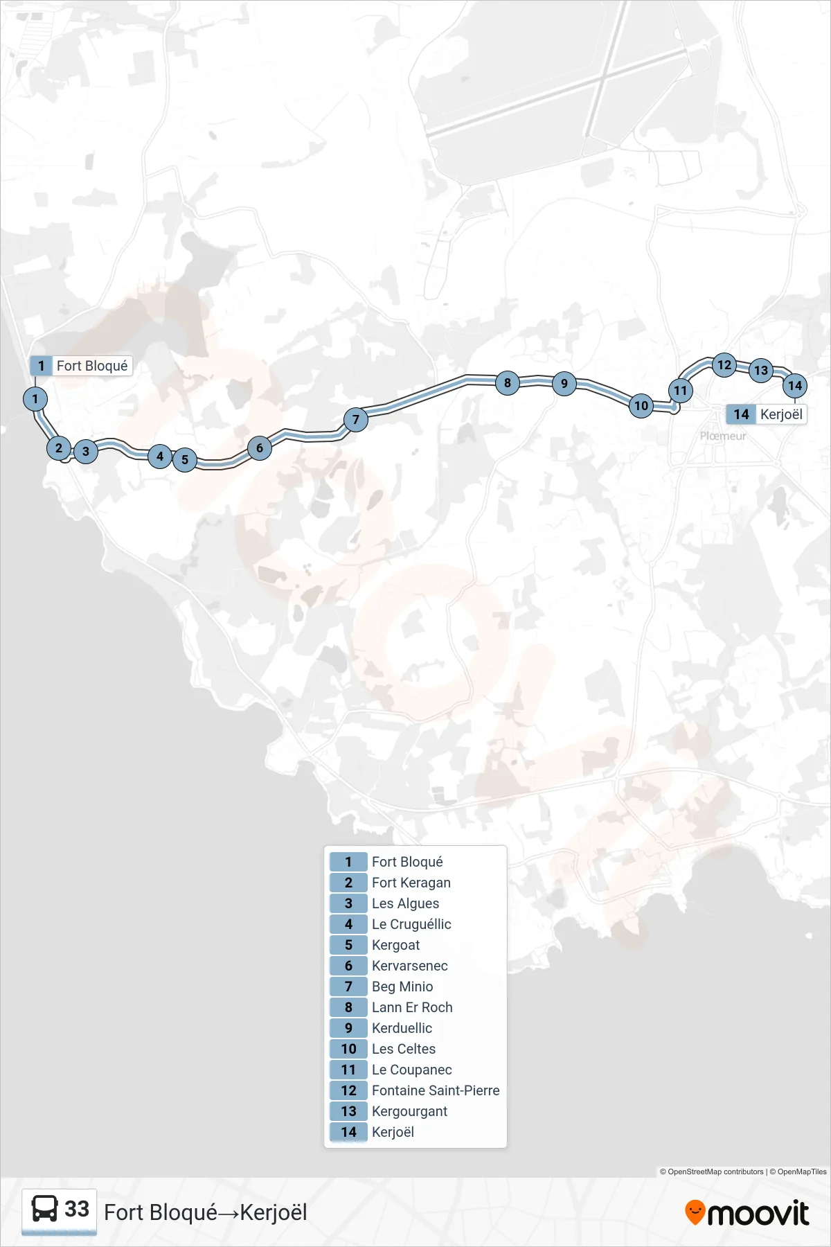 33 bus Line (Fort Bloqué‎→Kerjoël) route and stops on a map