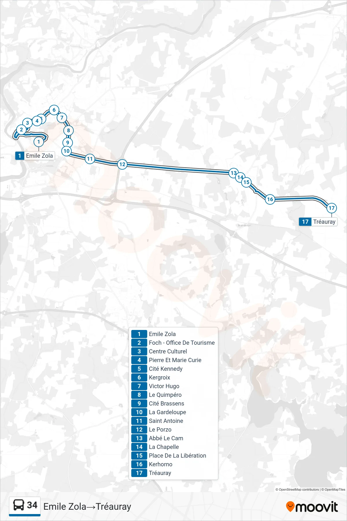34 bus Line (Emile Zola‎→Tréauray) route and stops on a map