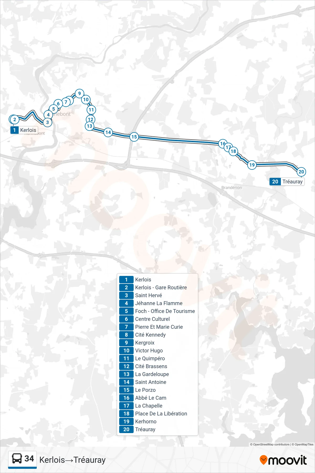 34 bus Line (Kerlois→Tréauray) route and stops on a map