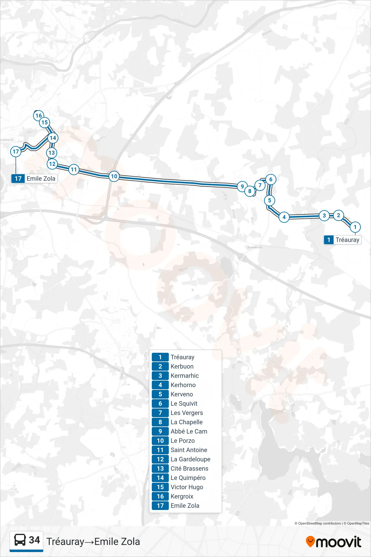 34 bus Line (Tréauray→Emile Zola) route and stops on a map