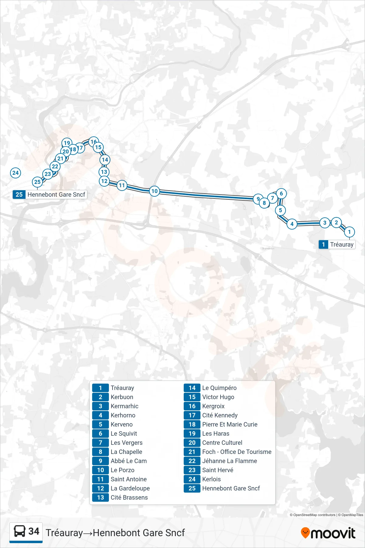 34 bus Line (Tréauray‎→Hennebont Gare Sncf) route and stops on a map