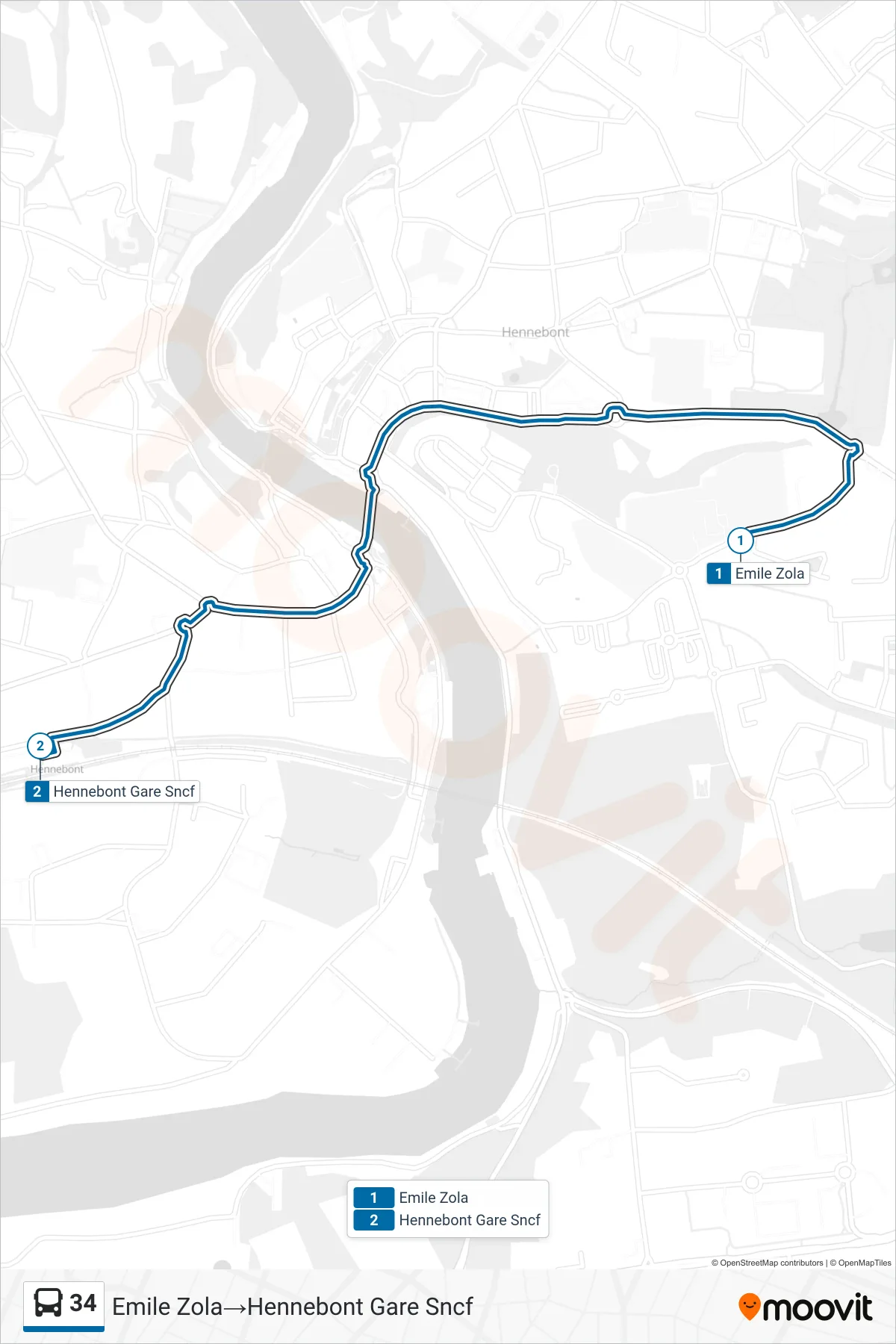 Tracé et arrêts de la ligne 34 de bus (Emile Zola‎→Hennebont Gare Sncf) sur une carte