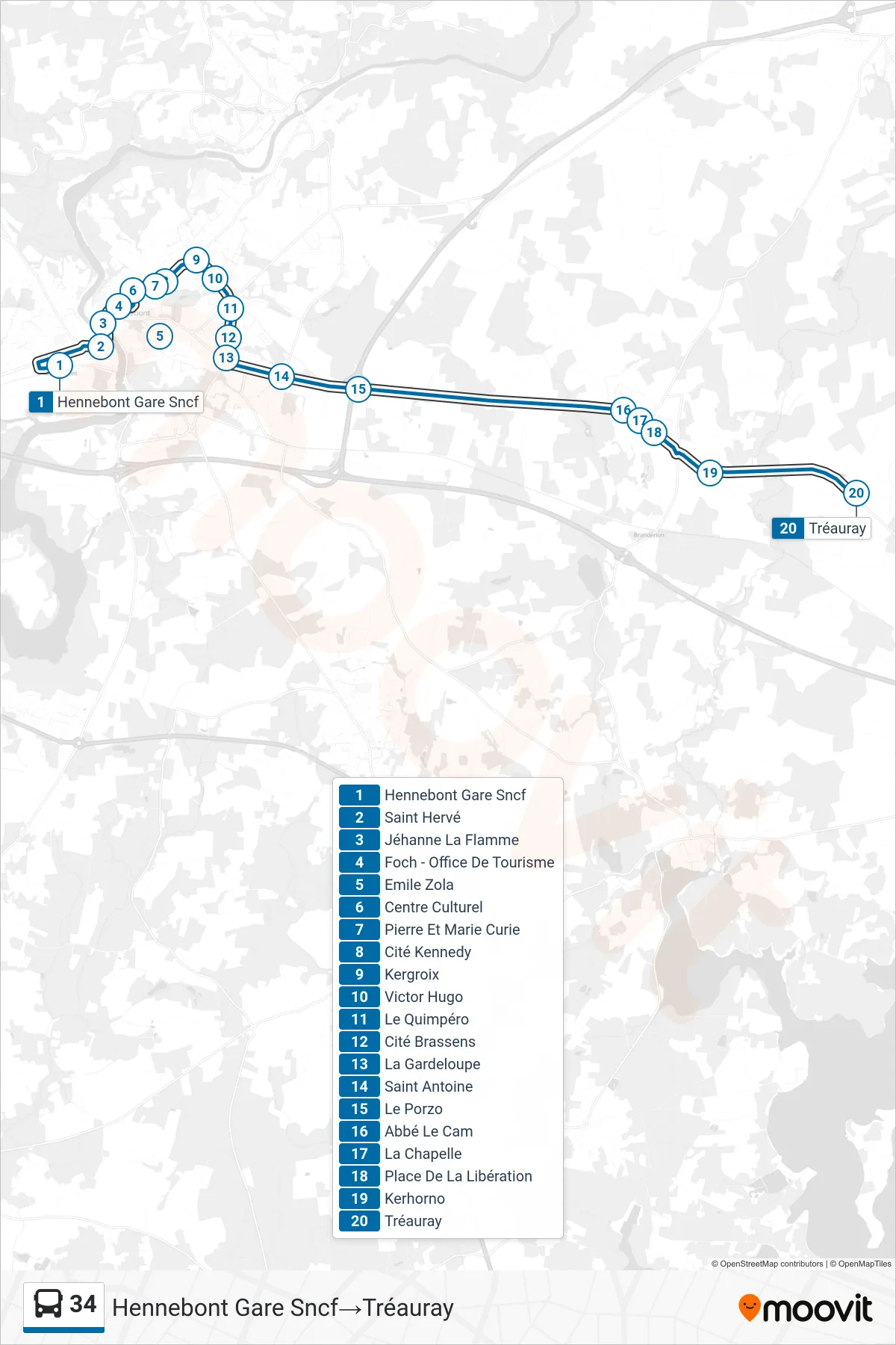 34 bus Line (Hennebont Gare Sncf→Tréauray) route and stops on a map