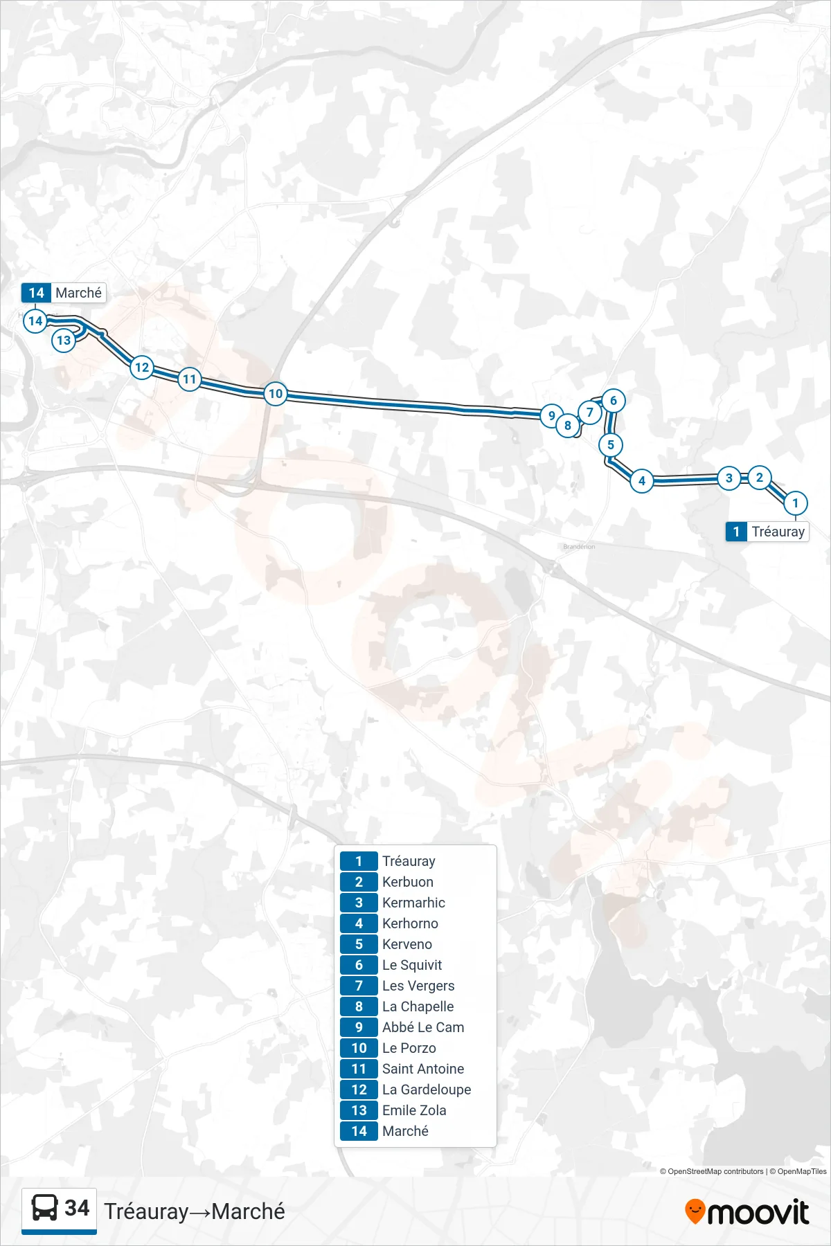 34 bus Line (Tréauray→Marché) route and stops on a map