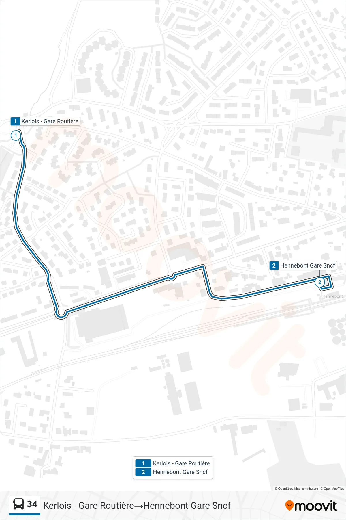34 bus Line (Kerlois - Gare Routière→Hennebont Gare Sncf) route and stops on a map