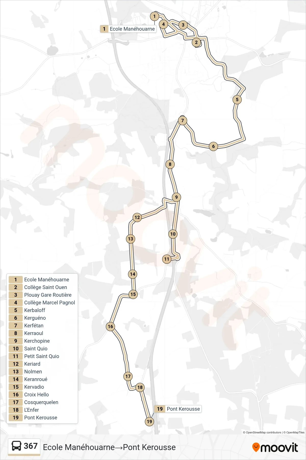Tracé et arrêts de la ligne 367 de bus (Ecole Manéhouarne→Pont Kerousse) sur une carte