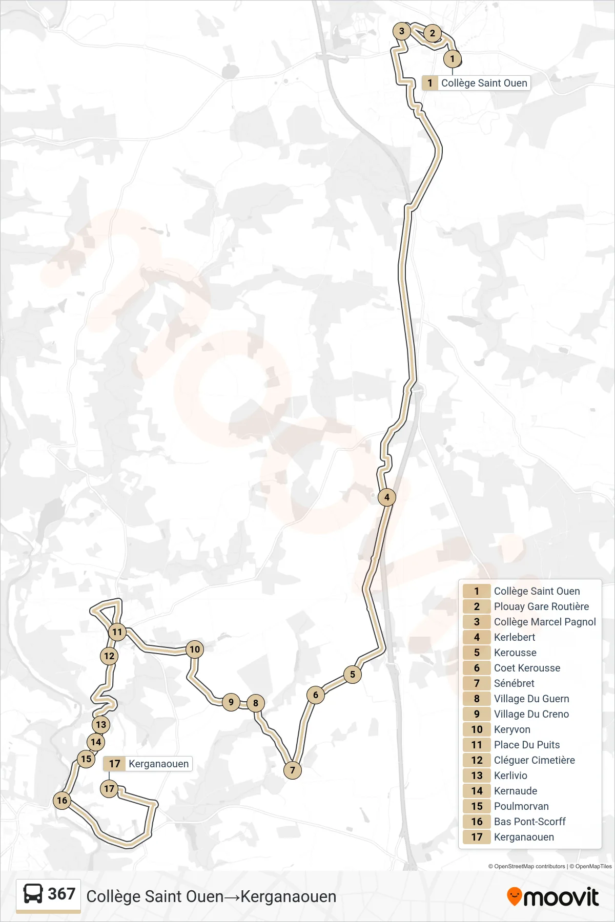 Tracé et arrêts de la ligne 367 de bus (Collège Saint Ouen→Kerganaouen) sur une carte