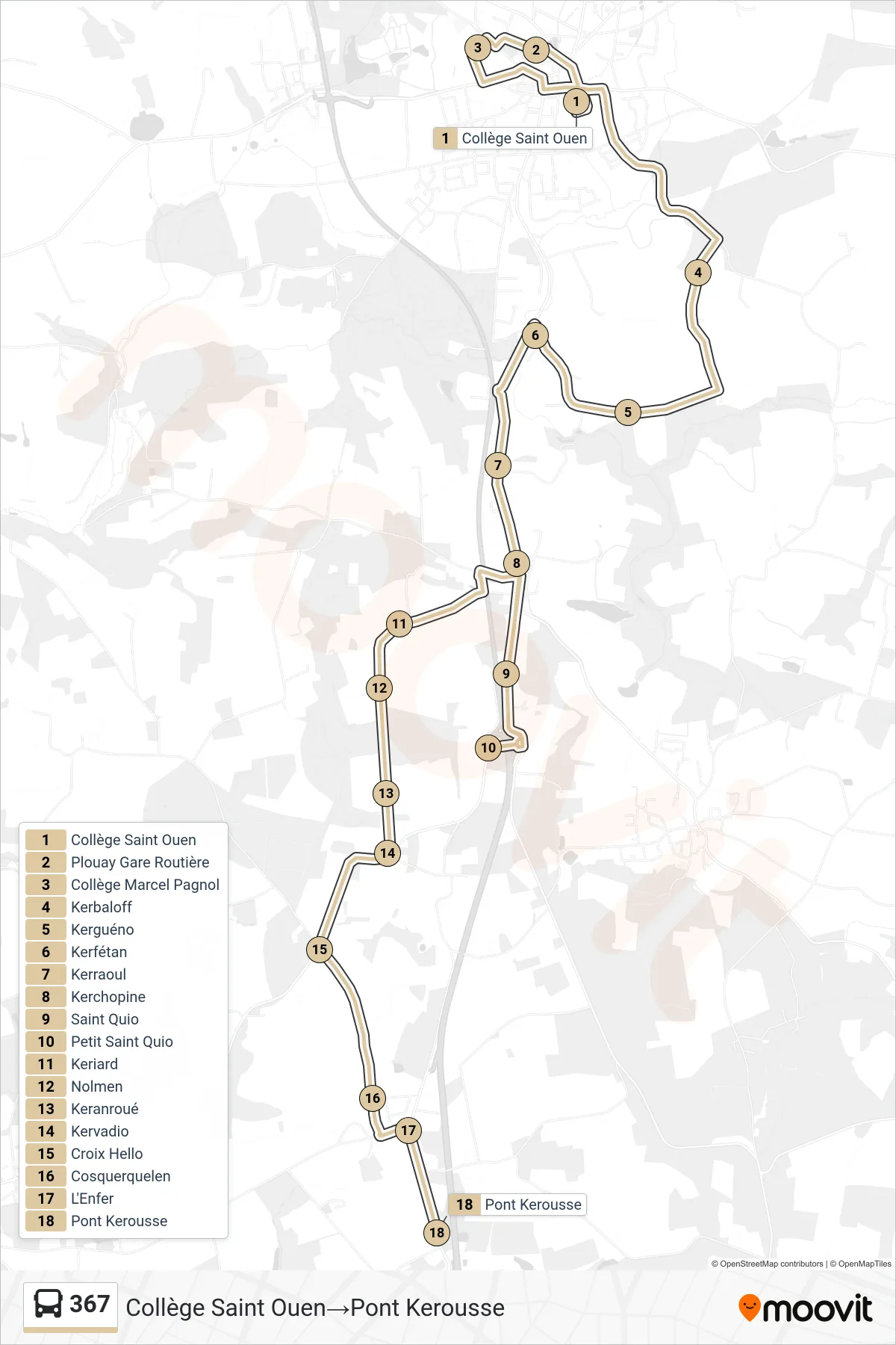 Tracé et arrêts de la ligne 367 de bus (Collège Saint Ouen→Pont Kerousse) sur une carte