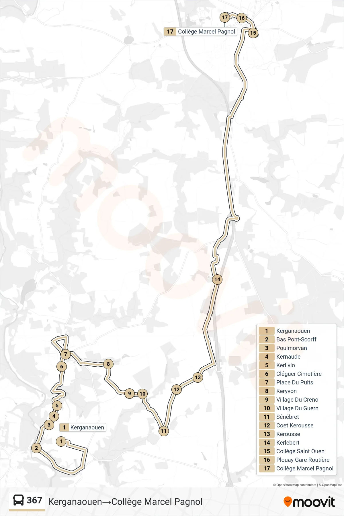 Tracé et arrêts de la ligne 367 de bus (Kerganaouen‎→Collège Marcel Pagnol) sur une carte