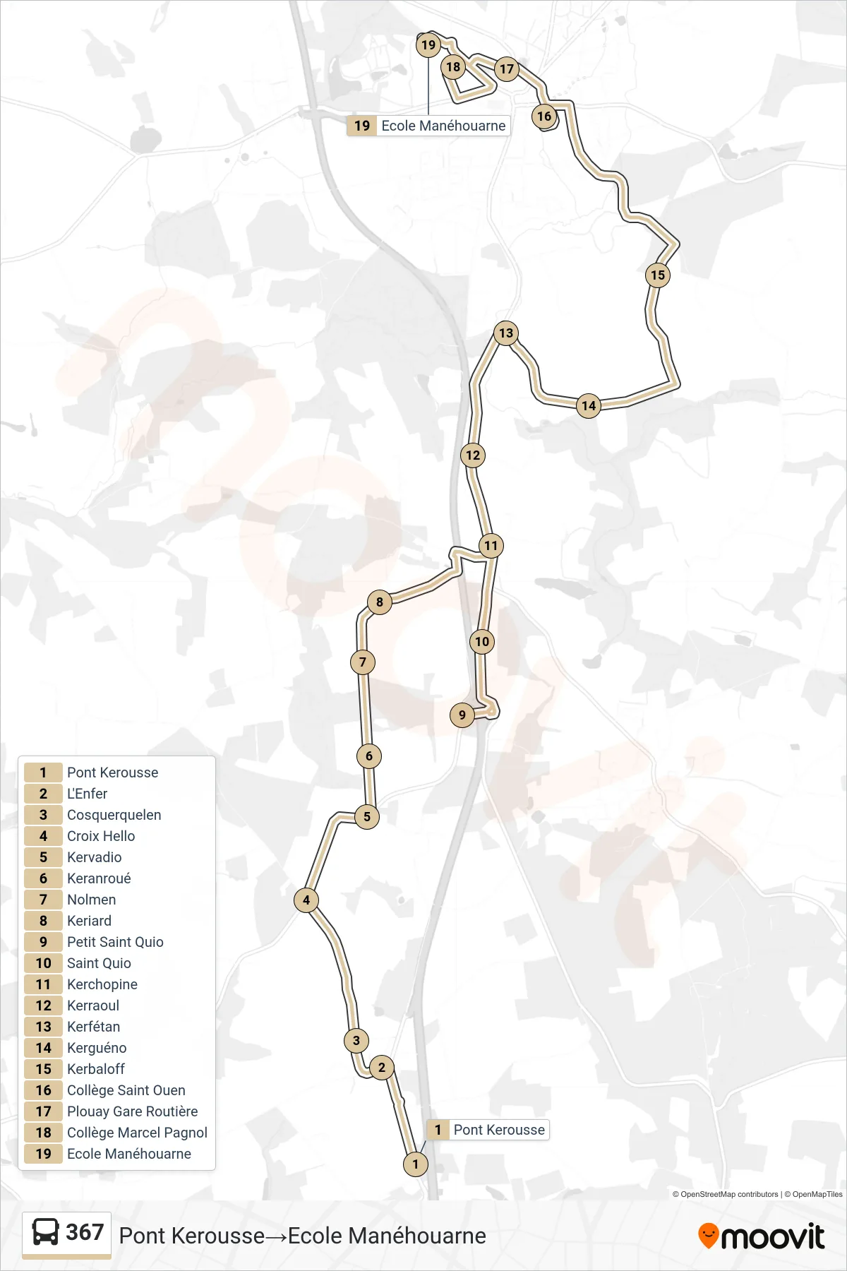 Recorrido y paradas de la línea 367 de autobús (Pont Kerousse→Ecole Manéhouarne) en el mapa
