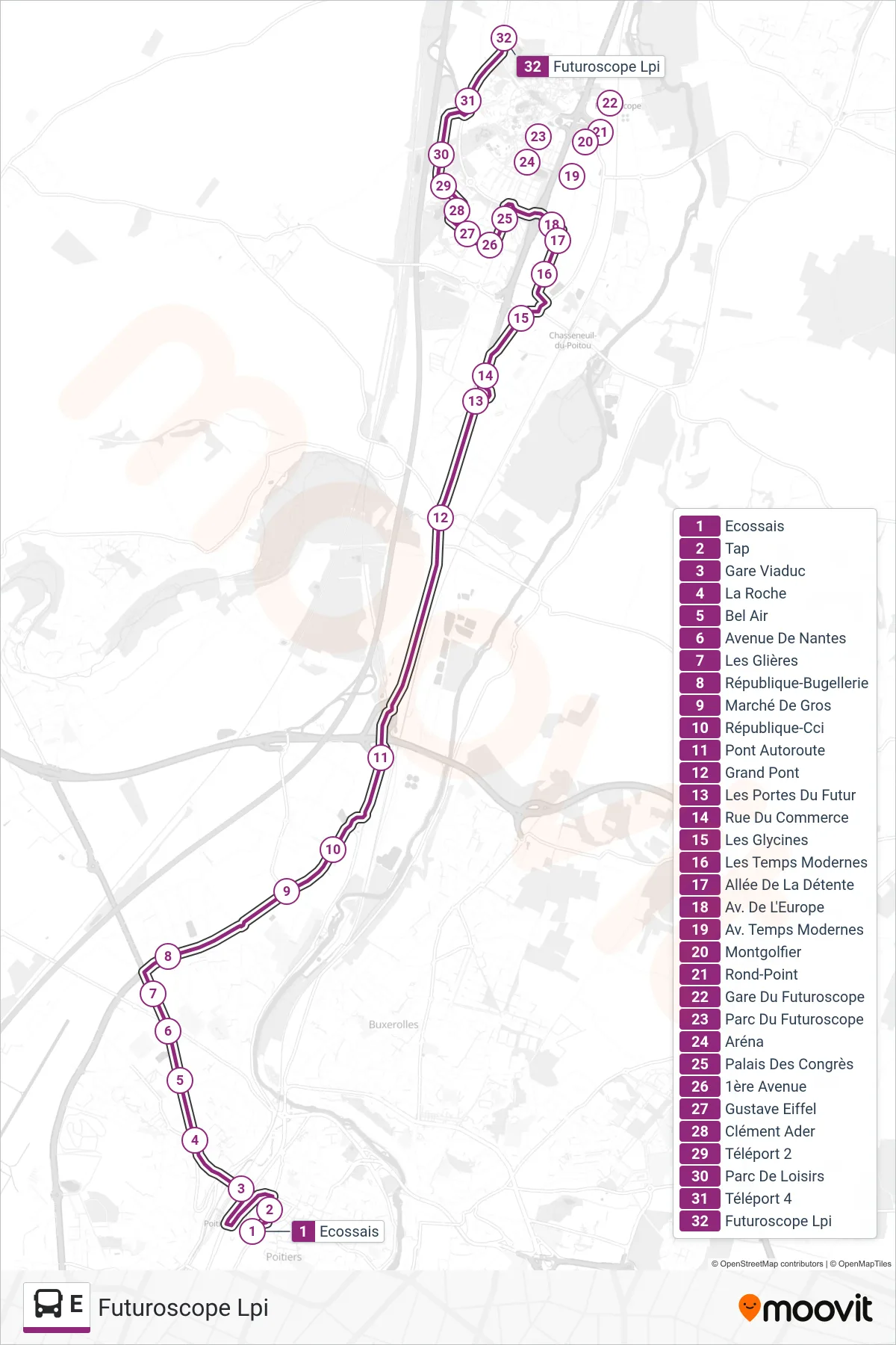 Tracé et arrêts de la ligne E de bus (Futuroscope Lpi) sur une carte